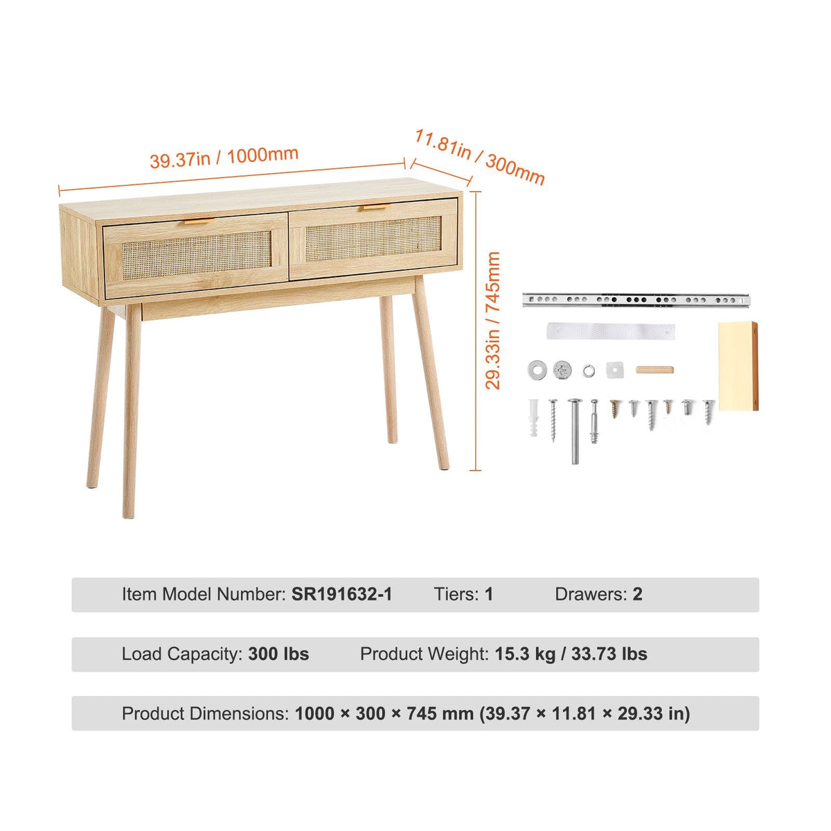 Rattan Console Table with 2 Storage Drawers, Rattan Entryway Table with Natural Rattan Sliding Door, Console Sofa Table for Living Room, Study, Entryway Or TV Wall, Natural