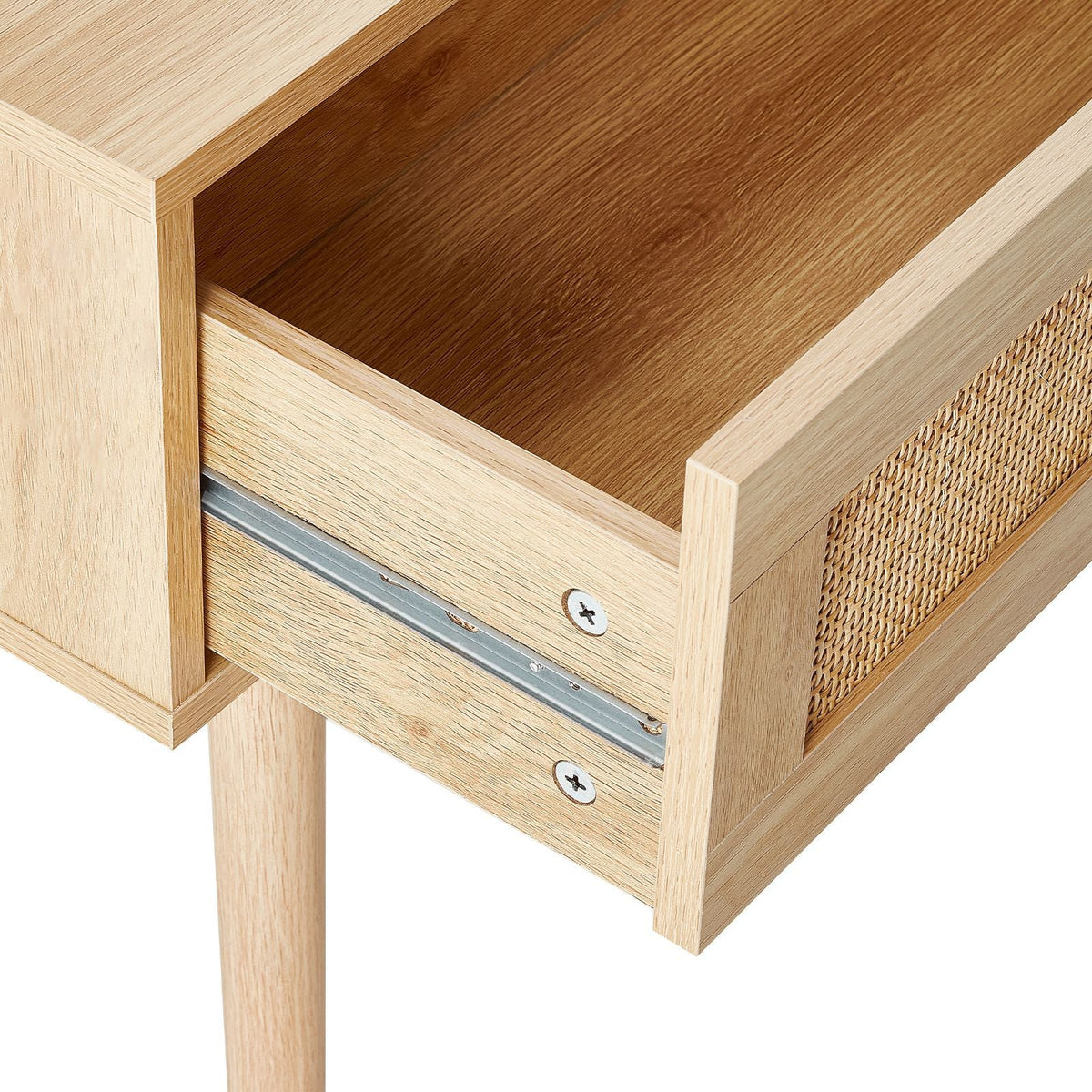 Rattan Console Table with 2 Storage Drawers, Rattan Entryway Table with Natural Rattan Sliding Door, Console Sofa Table for Living Room, Study, Entryway Or TV Wall, Natural