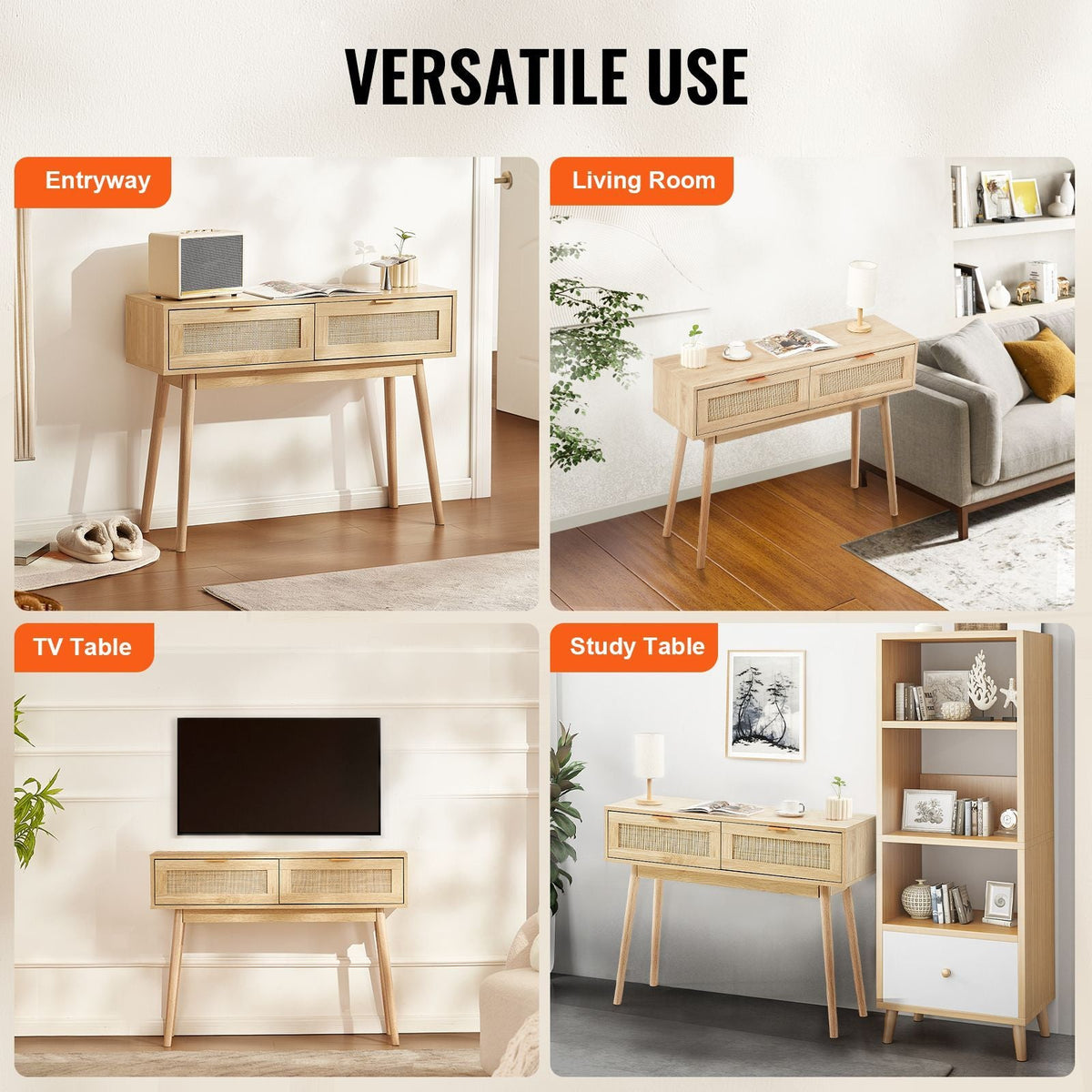 Rattan Console Table with 2 Storage Drawers, Rattan Entryway Table with Natural Rattan Sliding Door, Console Sofa Table for Living Room, Study, Entryway Or TV Wall, Natural