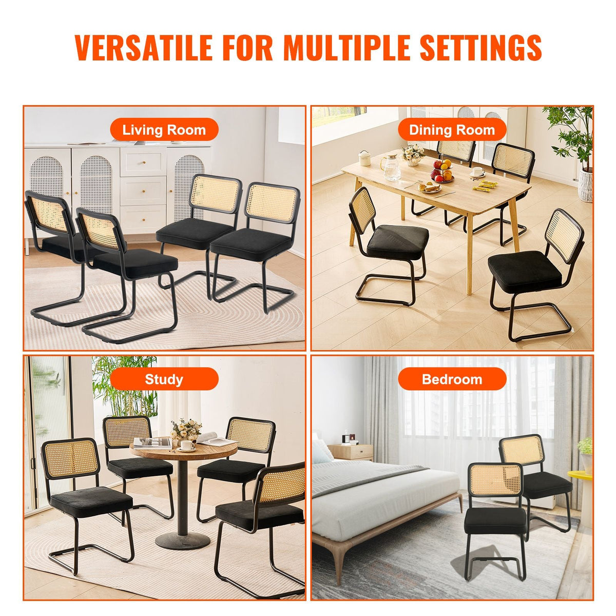 Rattan Dining Chairs Set of 4, Mid Century Modern Dining Chair, Upholstered Velvet Accent Chair with Rattan Back, Retro Dining Room Kitchen Chair for Living Room, Bedroom, Office (18.1 Inch)