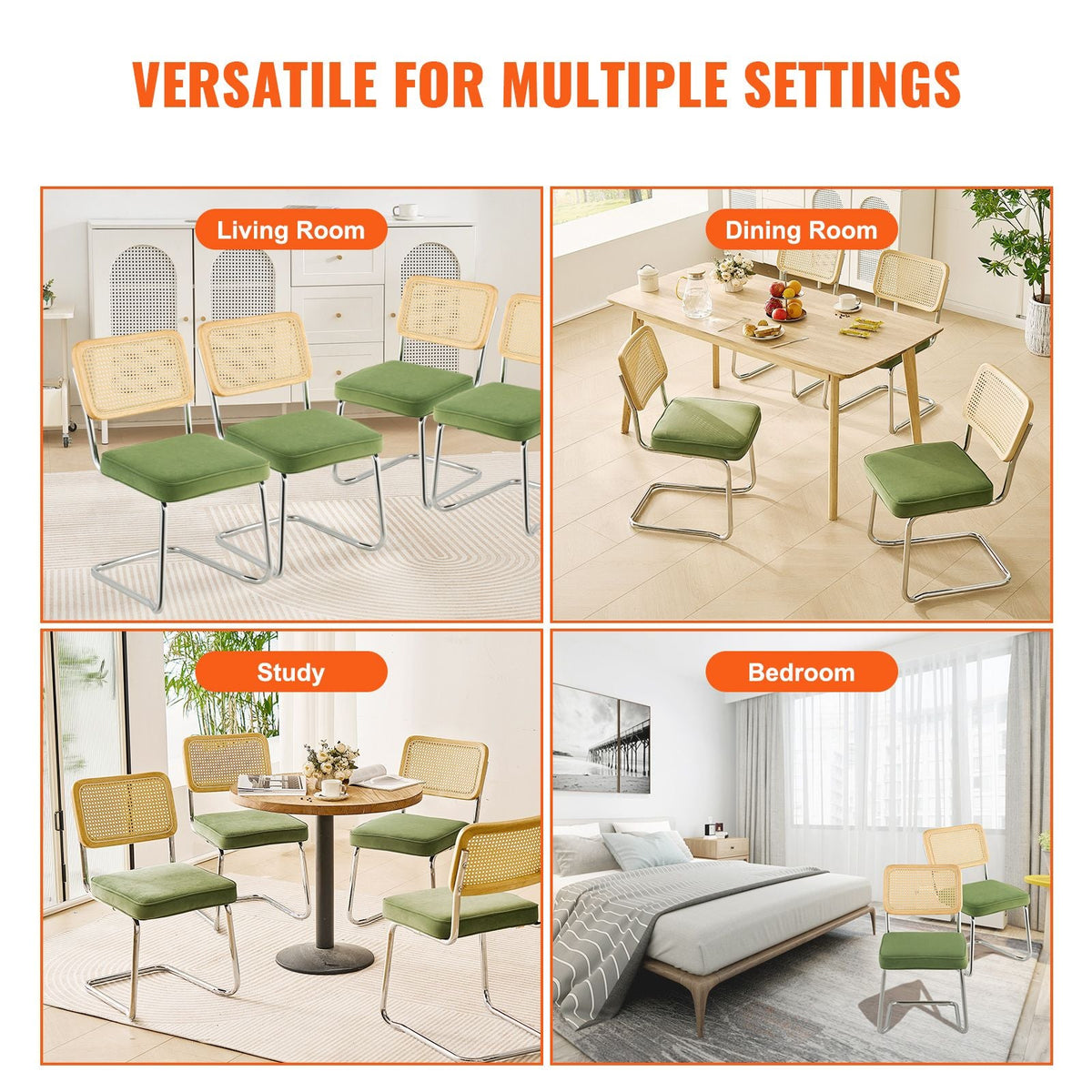 Rattan Dining Chairs Set of 4, Mid Century Modern Dining Chair, Upholstered Velvet Accent Chair with Rattan Back, Retro Dining Room Kitchen Chair for Living Room, Bedroom, Office (18.1 Inch)
