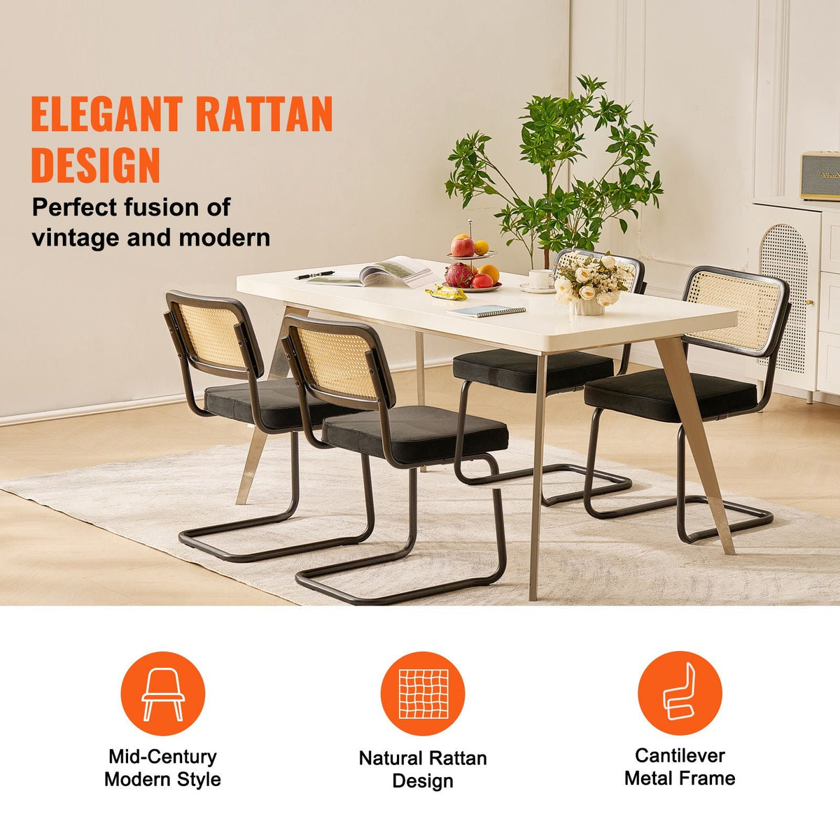 Rattan Dining Chairs Set of 4, Mid Century Modern Dining Chair, Upholstered Velvet Accent Chair with Rattan Back, Retro Dining Room Kitchen Chair for Living Room, Bedroom, Office (18.1 Inch)