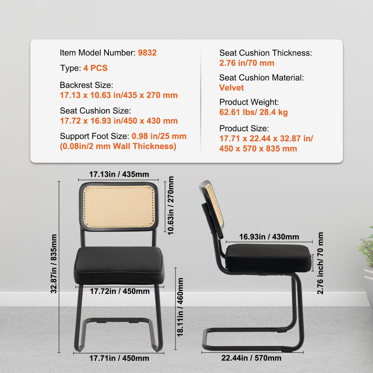 Rattan Dining Chairs Set of 4, Mid Century Modern Dining Chair, Upholstered Velvet Accent Chair with Rattan Back, Retro Dining Room Kitchen Chair for Living Room, Bedroom, Office (18.1 Inch)