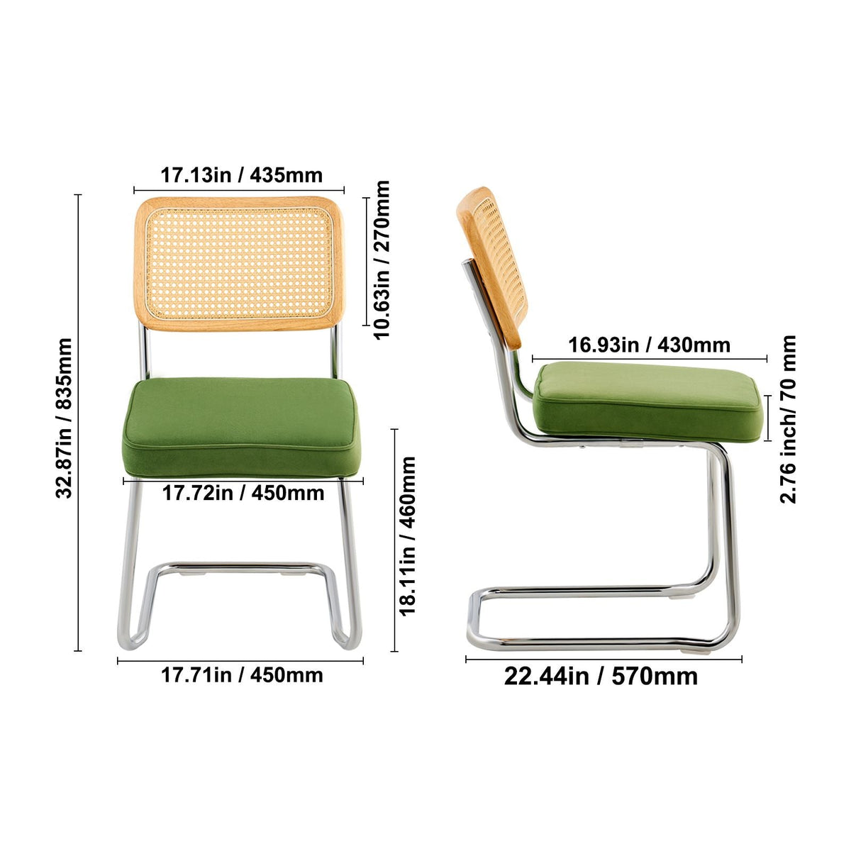 Rattan Dining Chairs Set of 4, Mid Century Modern Dining Chair, Upholstered Velvet Accent Chair with Rattan Back, Retro Dining Room Kitchen Chair for Living Room, Bedroom, Office (18.1 Inch)