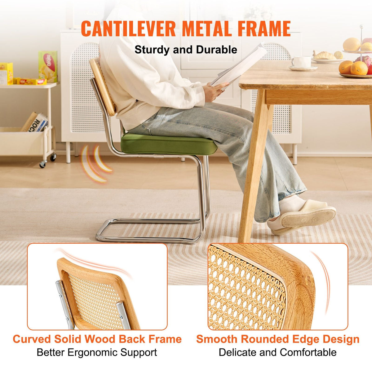 Rattan Dining Chairs Set of 4, Mid Century Modern Dining Chair, Upholstered Velvet Accent Chair with Rattan Back, Retro Dining Room Kitchen Chair for Living Room, Bedroom, Office (18.1 Inch)