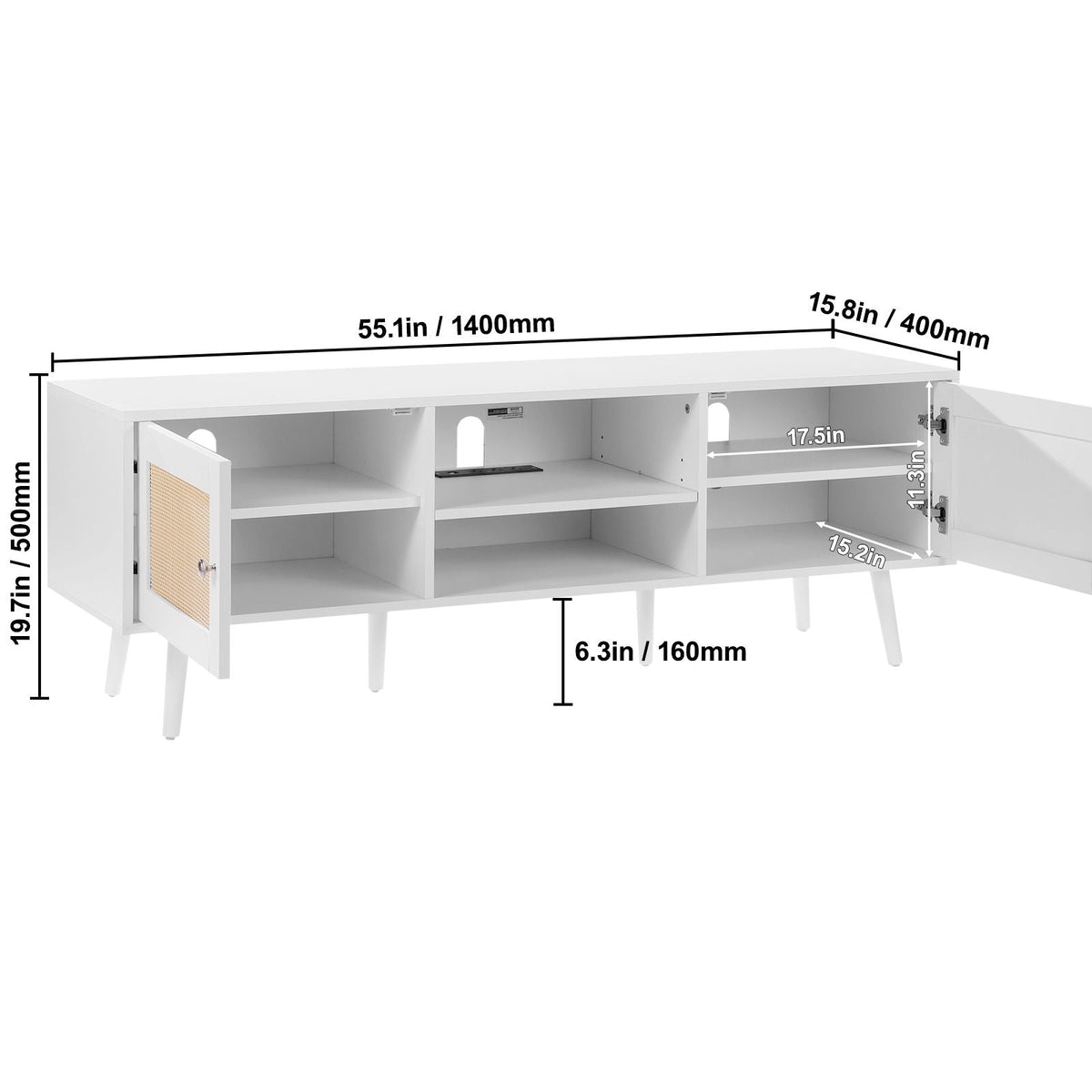 Rattan TV Stand for 65 inch TV, Boho TV Stand with Rattan Door, Entertainment Center with Build-in Socket and USB Ports, Modern TV Console for Living Room, Media Room, White