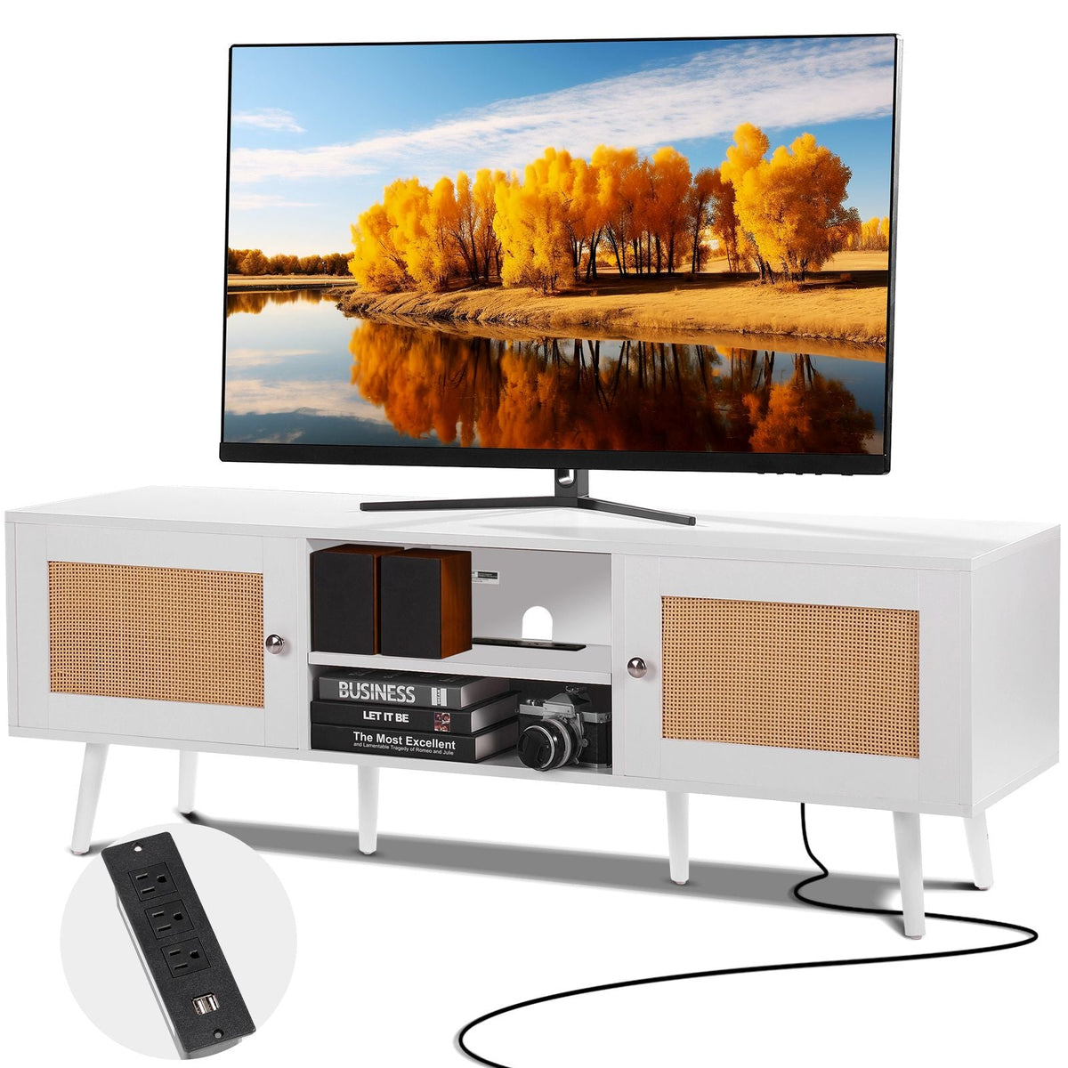 Rattan TV Stand for 65 inch TV, Boho TV Stand with Rattan Door, Entertainment Center with Build-in Socket and USB Ports, Modern TV Console for Living Room, Media Room, White