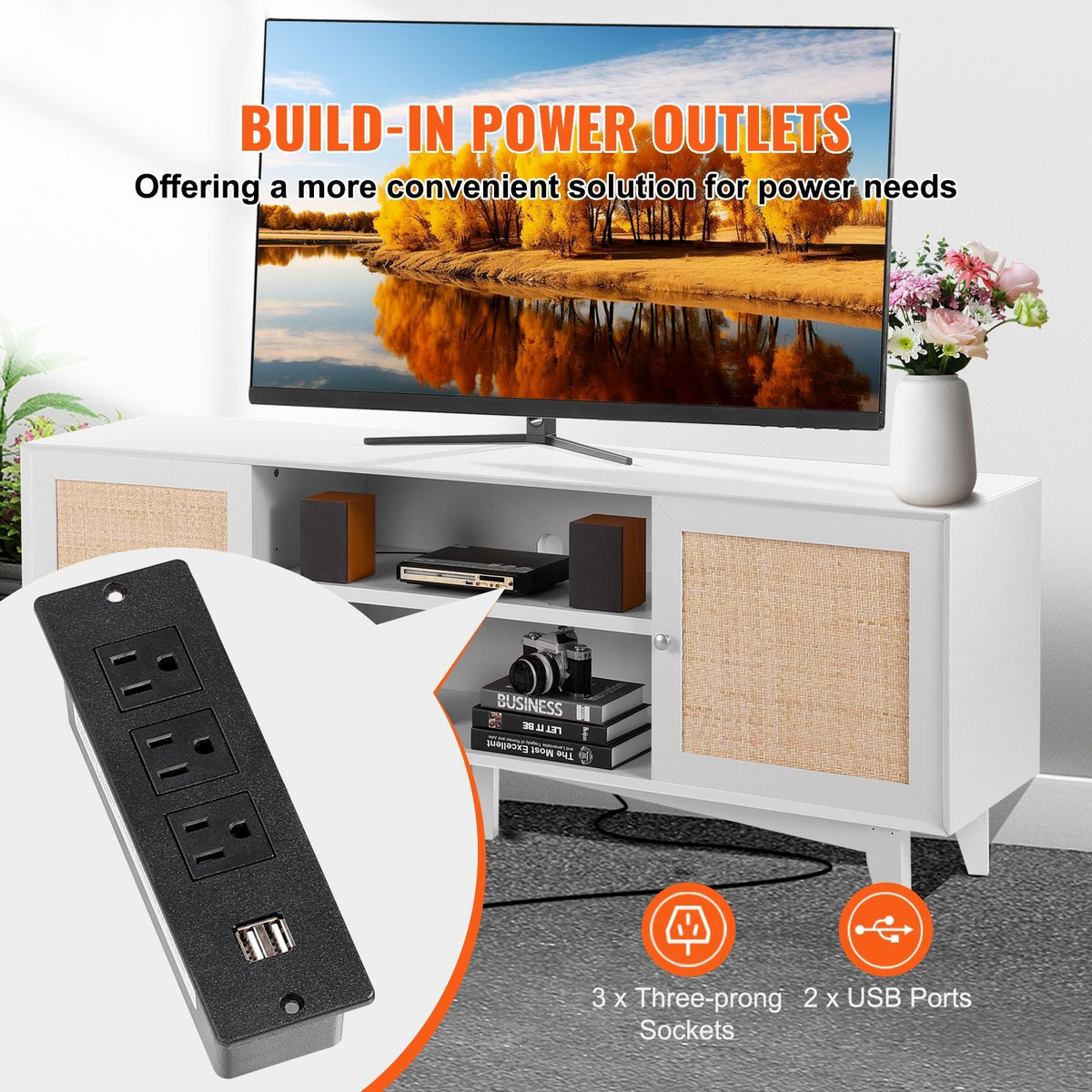Rattan TV Stand for 65 inch TV, Boho TV Stand with Rattan Door, Entertainment Center with Build-in Socket and USB Ports, Modern TV Console for Living Room, Media Room, White