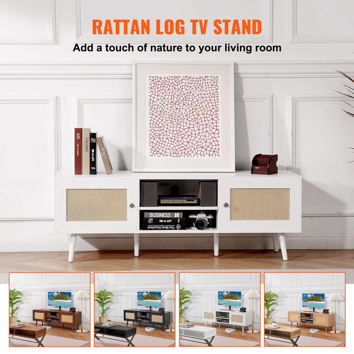 Rattan TV Stand for 65 inch TV, Boho TV Stand with Rattan Door, Entertainment Center with Build-in Socket and USB Ports, Modern TV Console for Living Room, Media Room, White