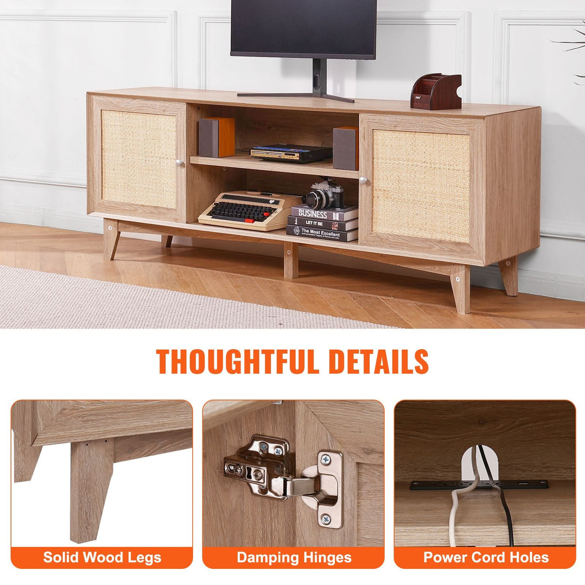 Rattan TV Stand, Mid Century Modern TV Stand for 75 inch TV, Boho Rattan TV Cabinet with Build-in Socket and USB Ports, Adjustable Shelfs for Living Room, Media Room, Oak