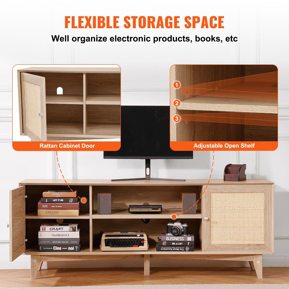 Rattan TV Stand, Mid Century Modern TV Stand for 75 inch TV, Boho Rattan TV Cabinet with Build-in Socket and USB Ports, Adjustable Shelfs for Living Room, Media Room, Oak