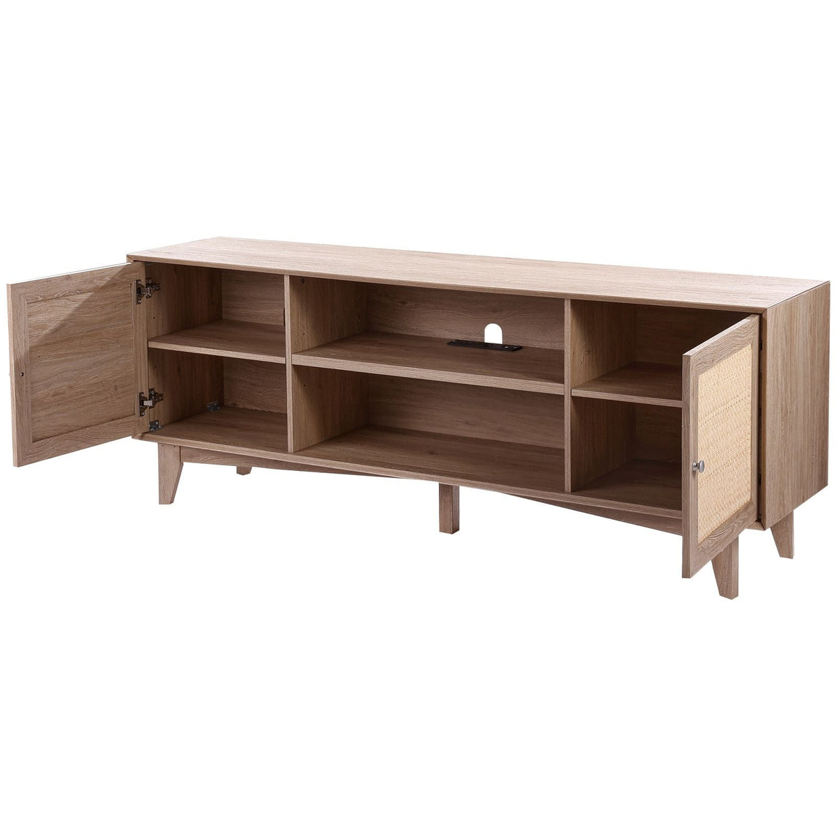 Rattan TV Stand, Mid Century Modern TV Stand for 75 inch TV, Boho Rattan TV Cabinet with Build-in Socket and USB Ports, Adjustable Shelfs for Living Room, Media Room, Oak