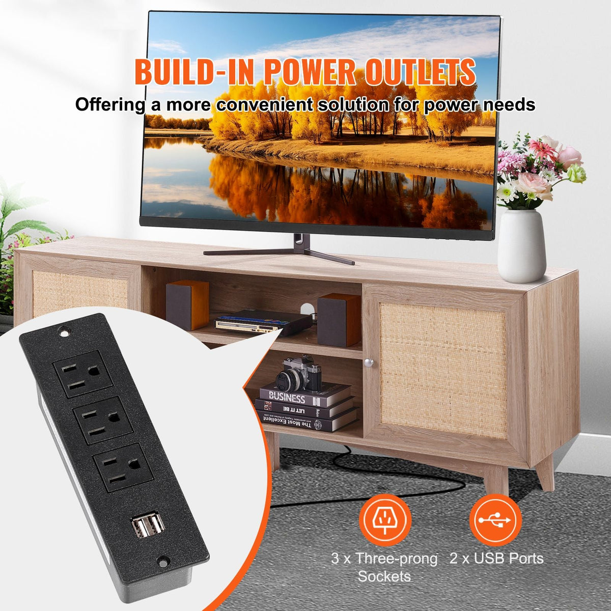 Rattan TV Stand, Mid Century Modern TV Stand for 75 inch TV, Boho Rattan TV Cabinet with Build-in Socket and USB Ports, Adjustable Shelfs for Living Room, Media Room, Oak