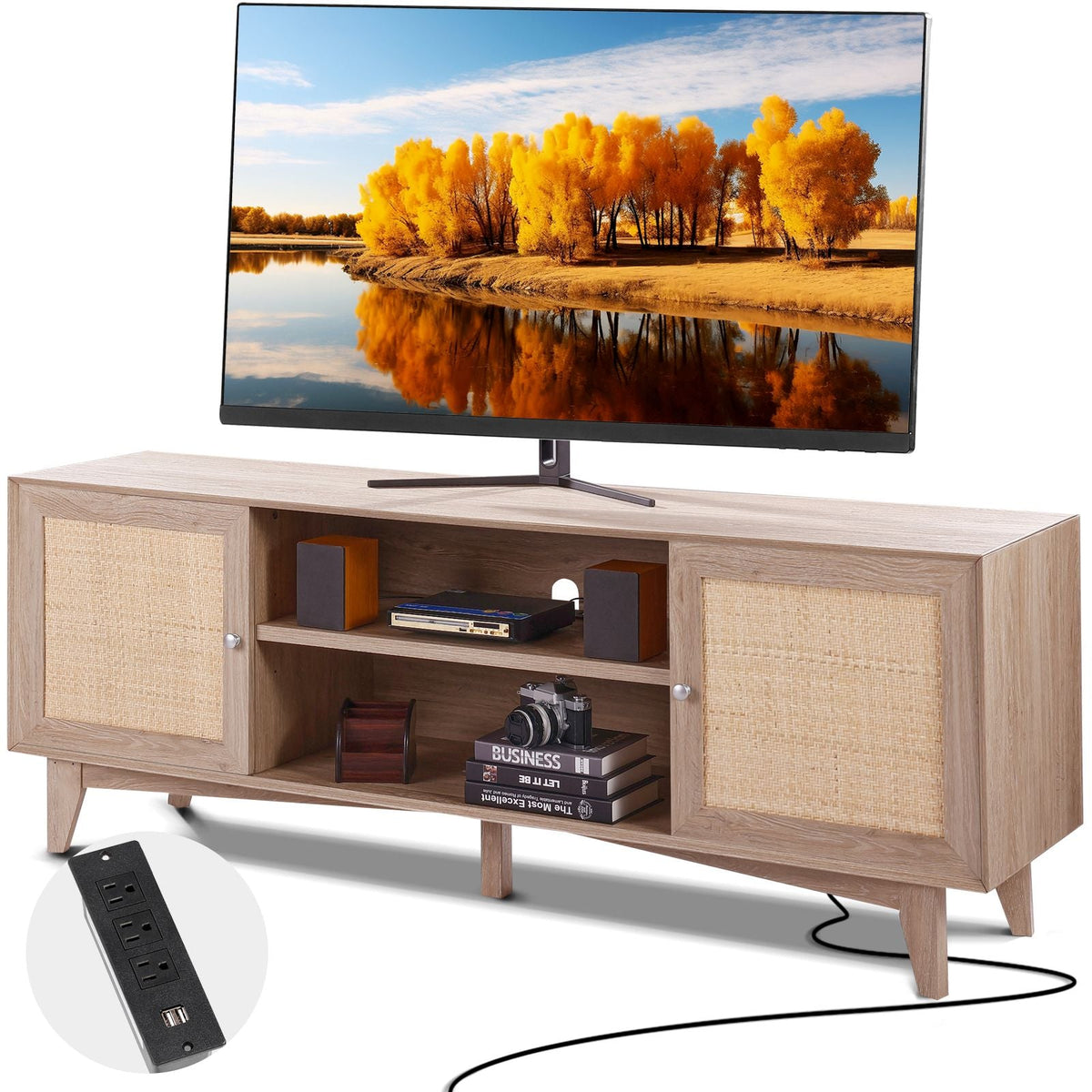 Rattan TV Stand, Mid Century Modern TV Stand for 75 inch TV, Boho Rattan TV Cabinet with Build-in Socket and USB Ports, Adjustable Shelfs for Living Room, Media Room, Oak
