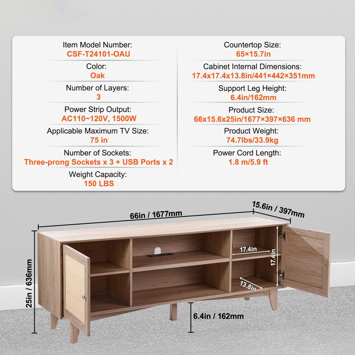 Rattan TV Stand, Mid Century Modern TV Stand for 75 inch TV, Boho Rattan TV Cabinet with Build-in Socket and USB Ports, Adjustable Shelfs for Living Room, Media Room, Oak