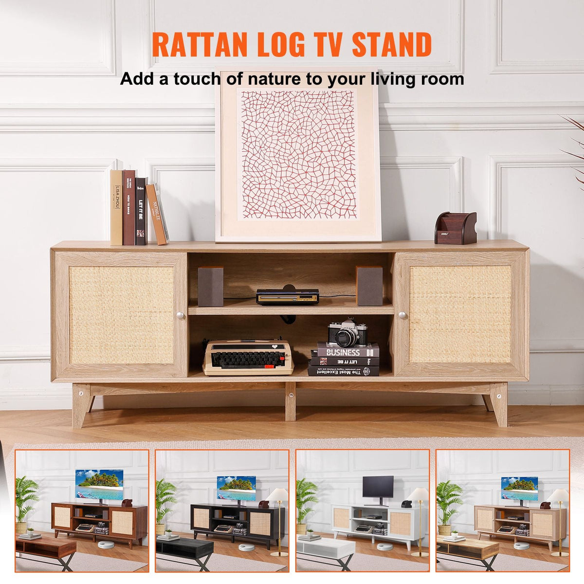 Rattan TV Stand, Mid Century Modern TV Stand for 75 inch TV, Boho Rattan TV Cabinet with Build-in Socket and USB Ports, Adjustable Shelfs for Living Room, Media Room, Oak