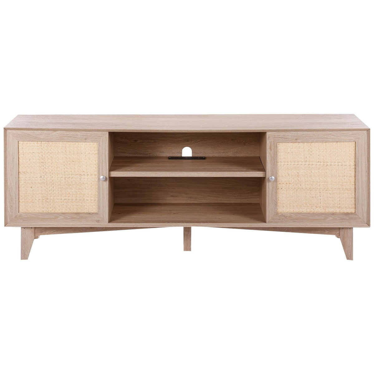Rattan TV Stand, Mid Century Modern TV Stand for 75 inch TV, Boho Rattan TV Cabinet with Build-in Socket and USB Ports, Adjustable Shelfs for Living Room, Media Room, Oak
