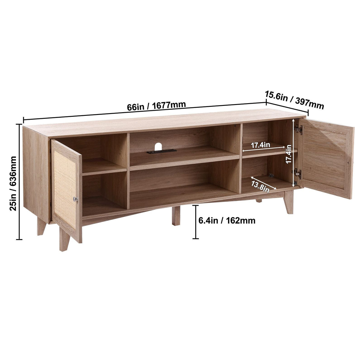 Rattan TV Stand, Mid Century Modern TV Stand for 75 inch TV, Boho Rattan TV Cabinet with Build-in Socket and USB Ports, Adjustable Shelfs for Living Room, Media Room, Oak