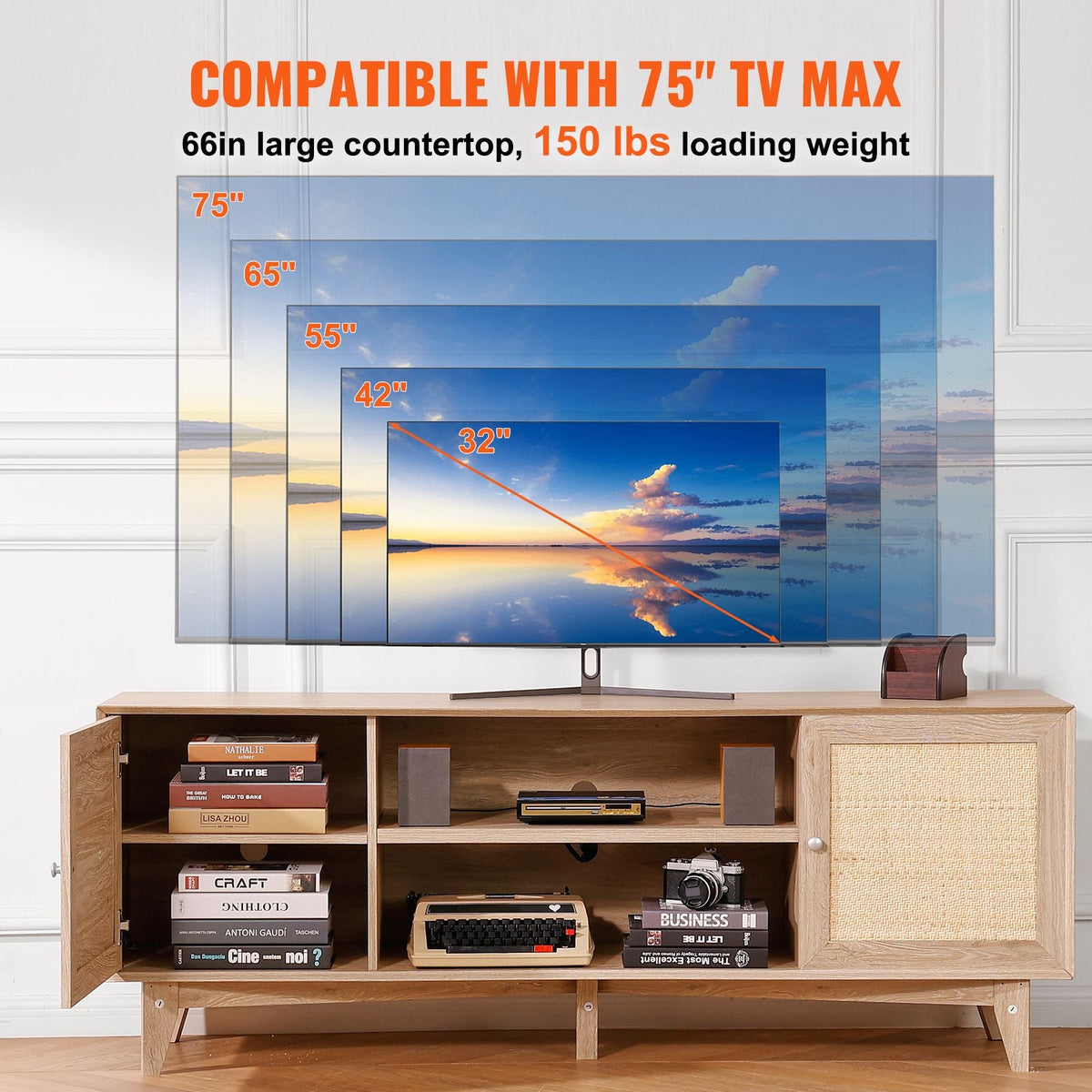 Rattan TV Stand, Mid Century Modern TV Stand for 75 inch TV, Boho Rattan TV Cabinet with Build-in Socket and USB Ports, Adjustable Shelfs for Living Room, Media Room, Oak