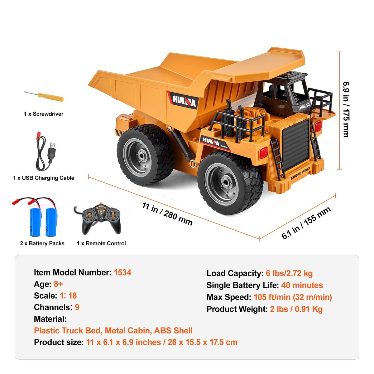 RC Dump Truck Toy, 9-Channel 1:18 Scale, Remote Control Dump Truck RC Construction Vehicle Truck Toy with Metal Cabin & Light, 2 Rechargeable Batteries for Toddlers Kids Boys and Girls Age 8+