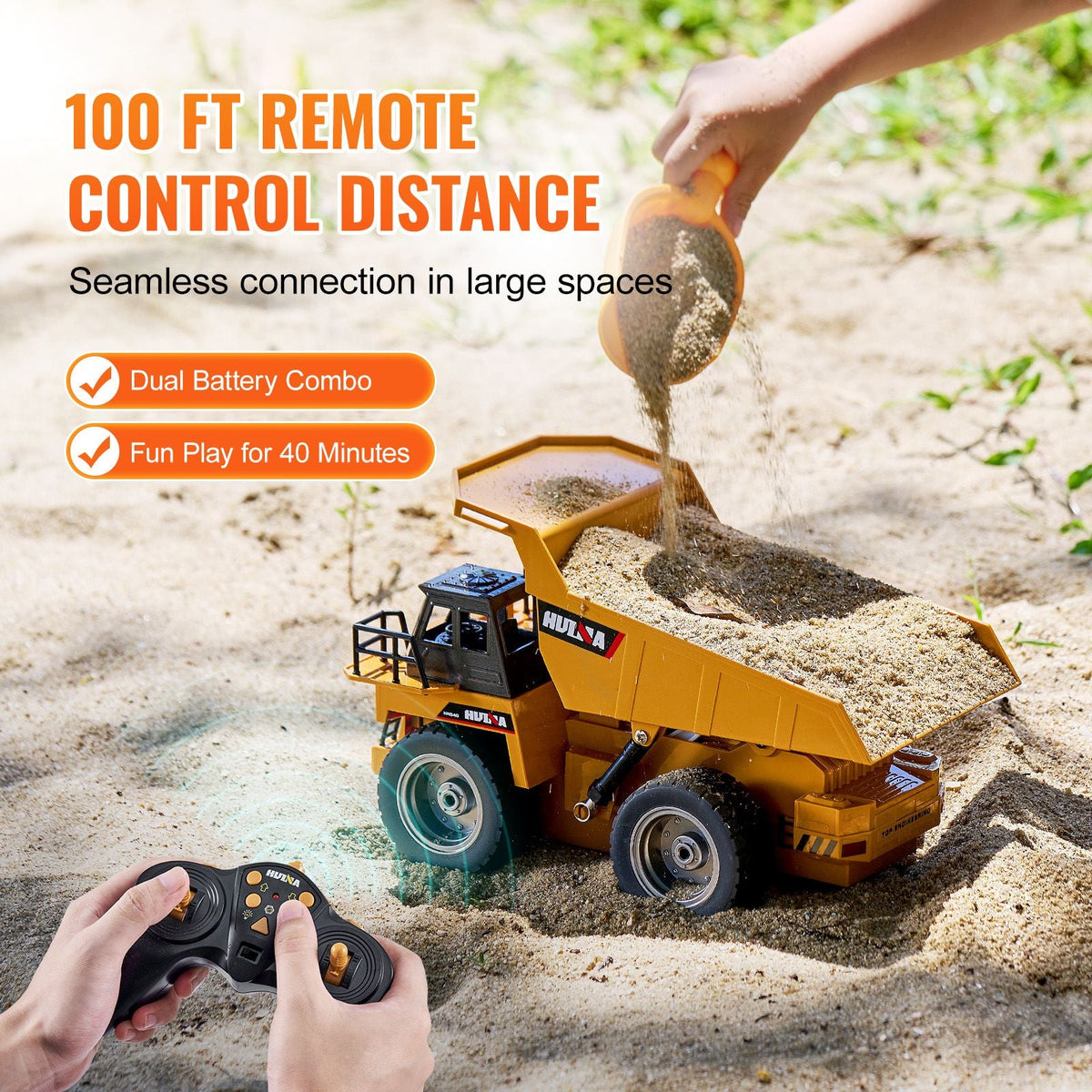 RC Dump Truck Toy, 9-Channel 1:18 Scale, Remote Control Dump Truck RC Construction Vehicle Truck Toy with Metal Cabin & Light, 2 Rechargeable Batteries for Toddlers Kids Boys and Girls Age 8+