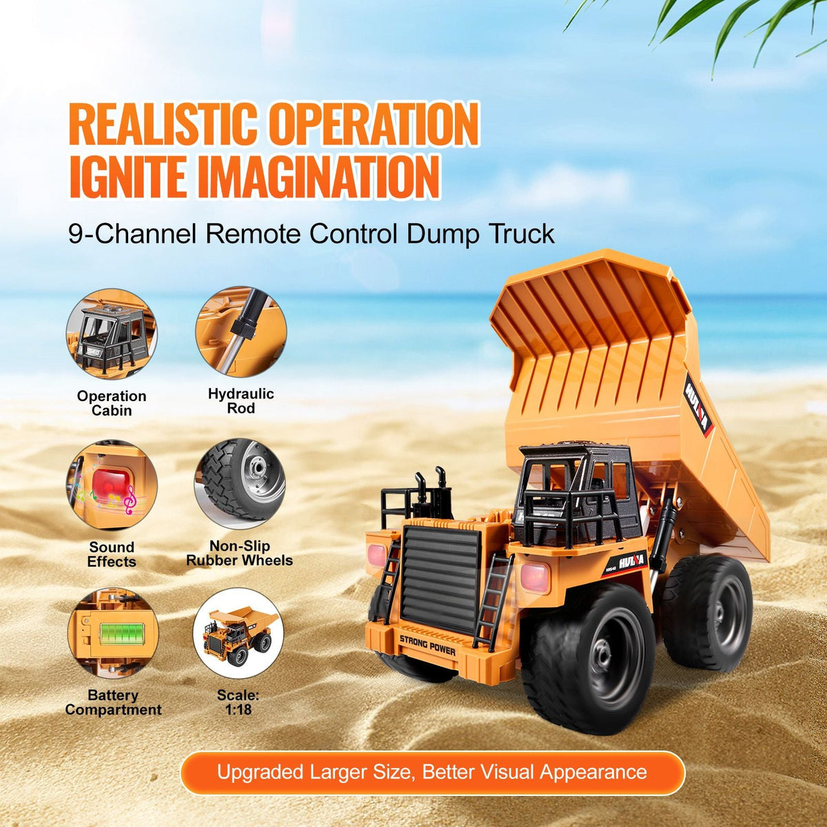 RC Dump Truck Toy, 9-Channel 1:18 Scale, Remote Control Dump Truck RC Construction Vehicle Truck Toy with Metal Cabin & Light, 2 Rechargeable Batteries for Toddlers Kids Boys and Girls Age 8+