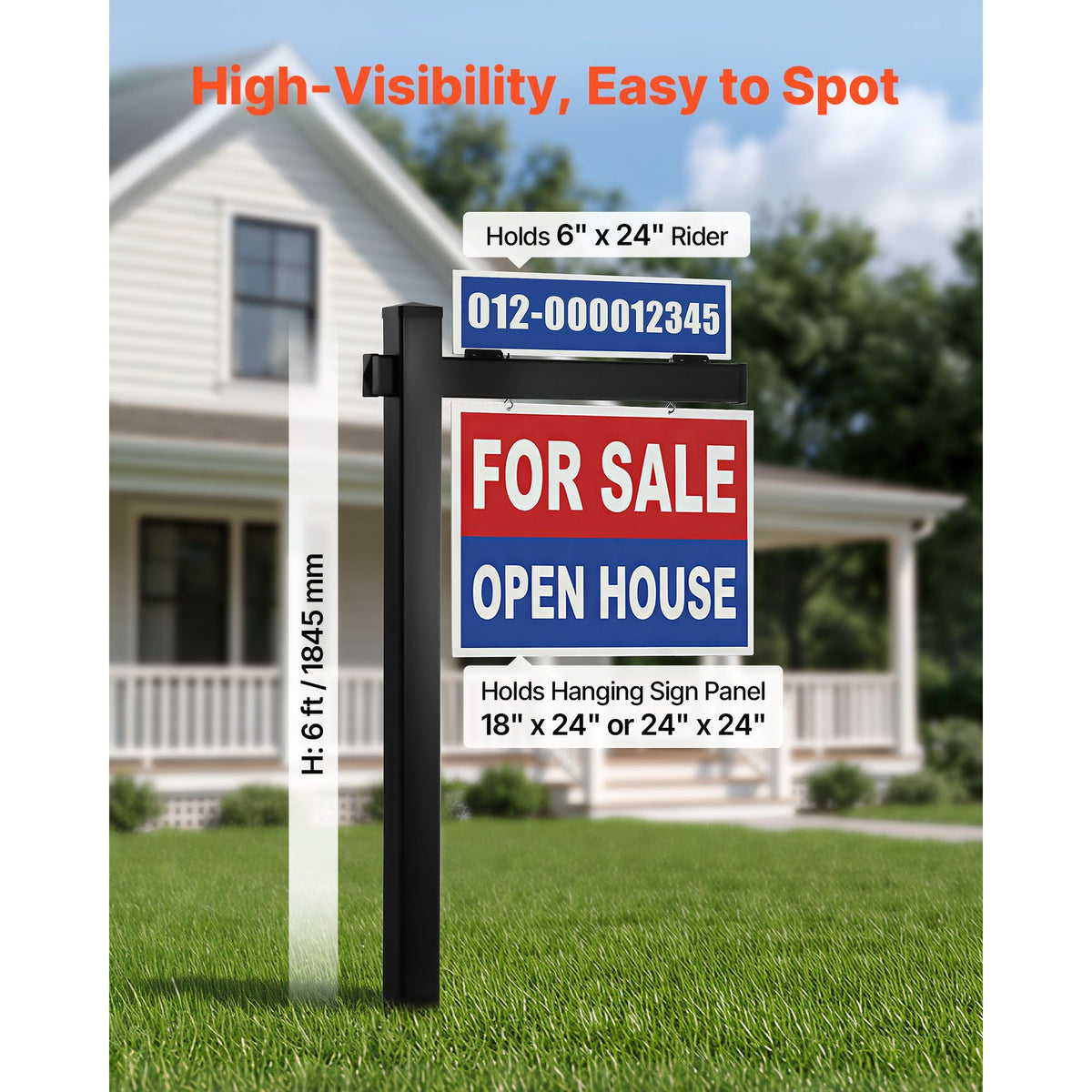Real Estate Sign Post, 6 ft Tall, PVC Realtor Yard Sign Holder with 36 in Arm Holds up to 24 in, Easy to Install, Wind-Resistant, for Open House and Home, Yard, Road, Outdoor, Black (No Signs)