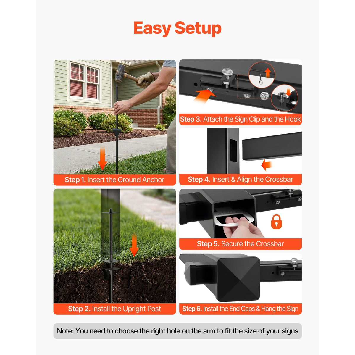 Real Estate Sign Post, 6 ft Tall, PVC Realtor Yard Sign Holder with 36 in Arm Holds up to 24 in, Easy to Install, Wind-Resistant, for Open House and Home, Yard, Road, Outdoor, Black (No Signs)