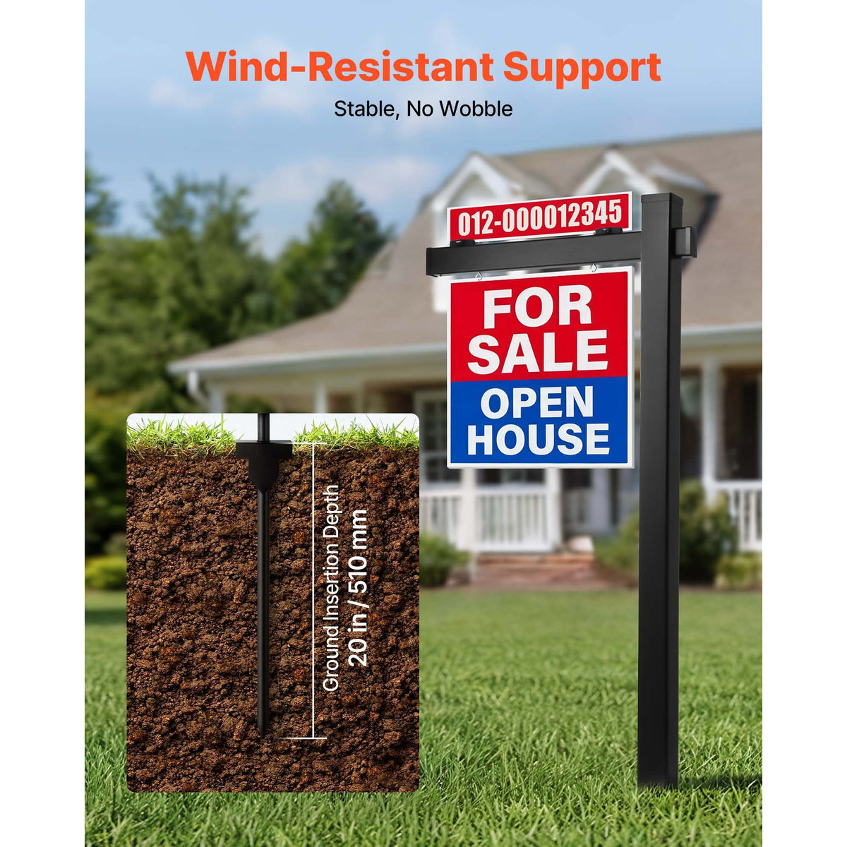 Real Estate Sign Post, 6 ft Tall, PVC Realtor Yard Sign Holder with 36 in Arm Holds up to 24 in, Easy to Install, Wind-Resistant, for Open House and Home, Yard, Road, Outdoor, Black (No Signs)