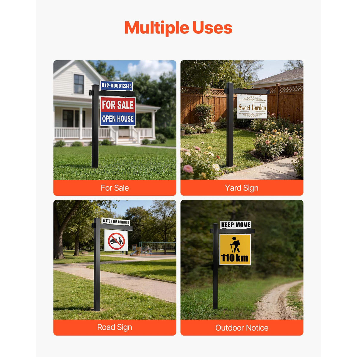 Real Estate Sign Post, 6 ft Tall, PVC Realtor Yard Sign Holder with 36 in Arm Holds up to 24 in, Easy to Install, Wind-Resistant, for Open House and Home, Yard, Road, Outdoor, Black (No Signs)