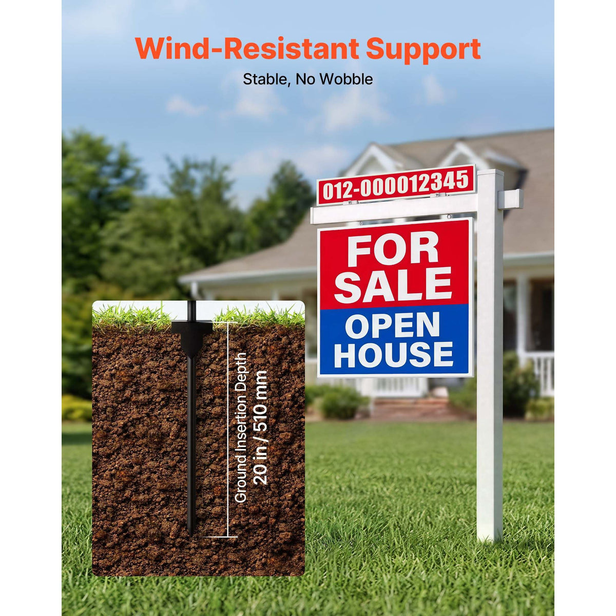 Real Estate Sign Post, 6 ft Tall, PVC Realtor Yard Sign Holder with 47 in Arm Holds up to 36 in, Easy to Install, Wind-Resistant, for Open House and Home, Yard, Road, Outdoor, White (No Signs)
