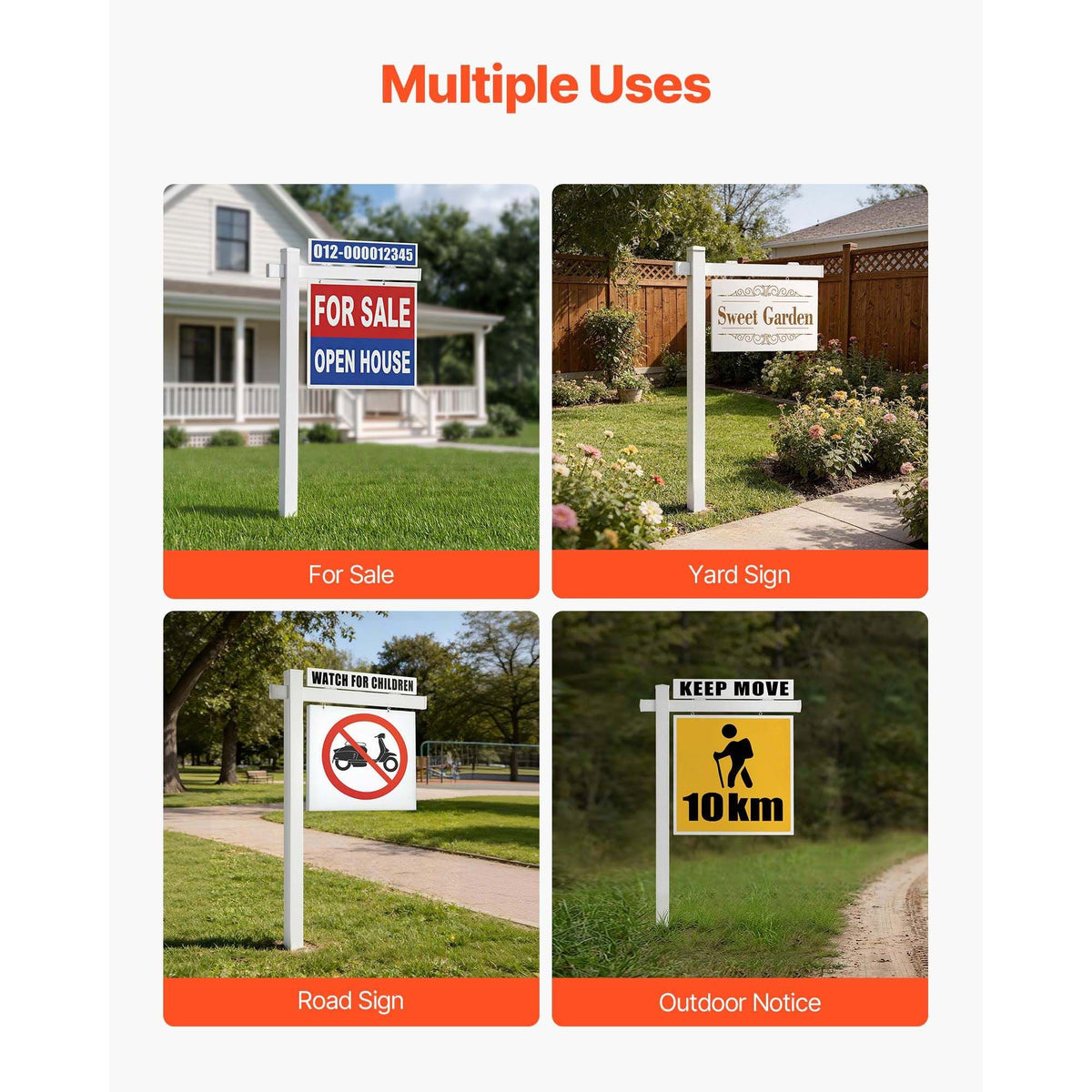 Real Estate Sign Post, 6 ft Tall, PVC Realtor Yard Sign Holder with 47 in Arm Holds up to 36 in, Easy to Install, Wind-Resistant, for Open House and Home, Yard, Road, Outdoor, White (No Signs)