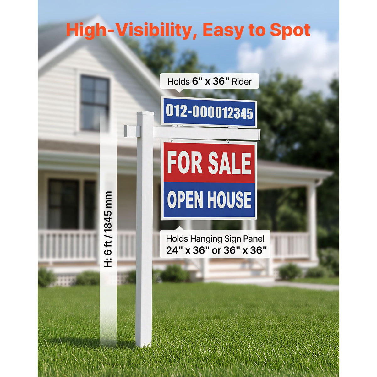 Real Estate Sign Post, 6 ft Tall, PVC Realtor Yard Sign Holder with 47 in Arm Holds up to 36 in, Easy to Install, Wind-Resistant, for Open House and Home, Yard, Road, Outdoor, White (No Signs)