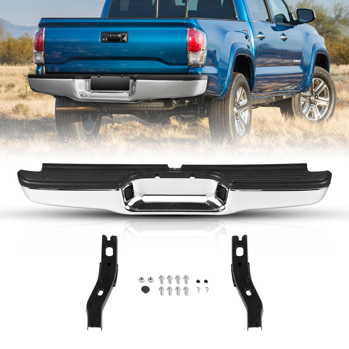 Rear Step Bumper, Compatible with 1995-2004-Toyota Tacoma, Chrome Steel Back Bumper, Assembly Replacement Rear Bumper with License Plate Light and Step Pad, without Sensor Holes, for TO1102215