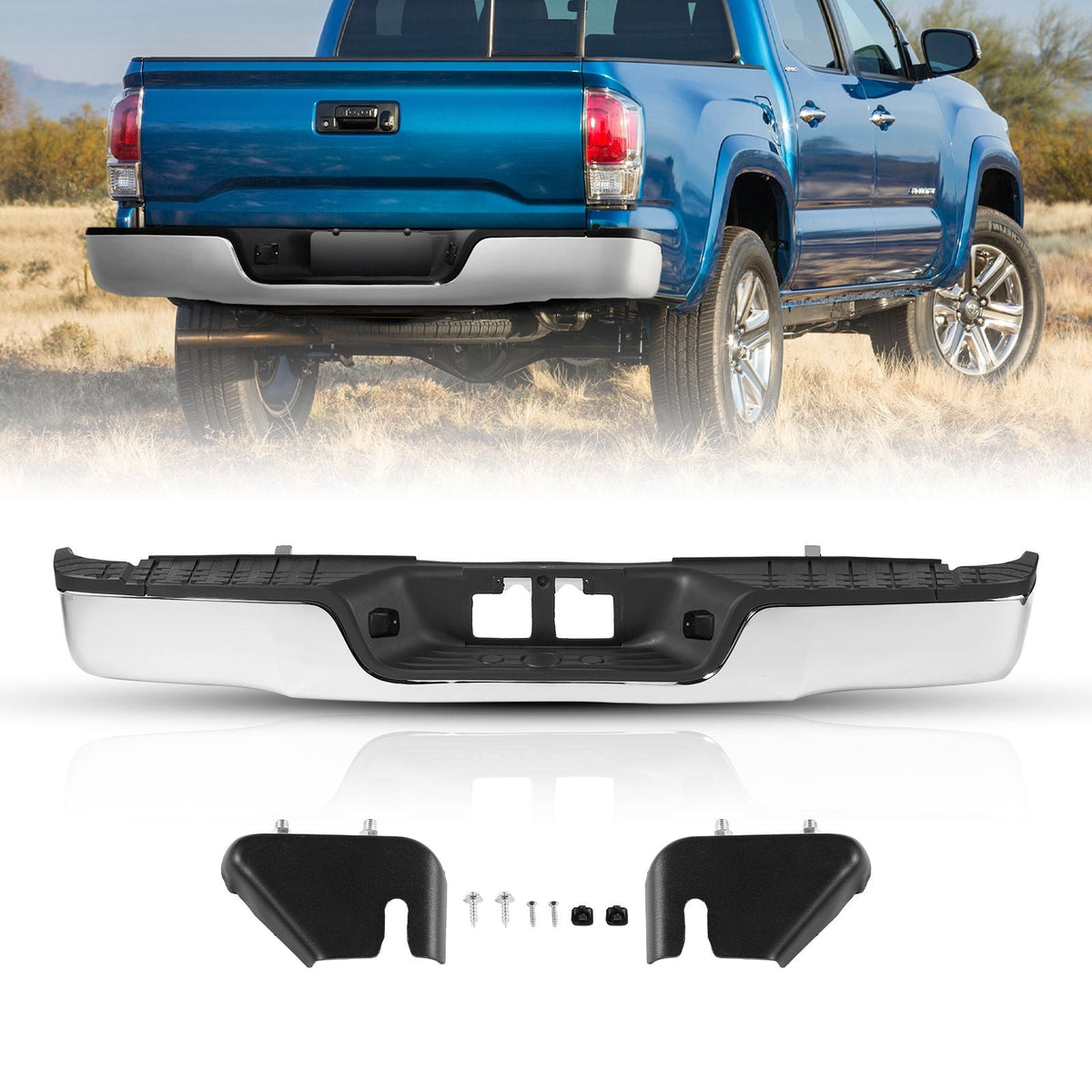 Rear Step Bumper, Compatible with 2007-2013-Toyota Tundra, Chrome Steel Back Bumper, Assembly Replacement Rear Bumper with License Plate Light and Step Pad, without Sensor Holes, for TO1103117