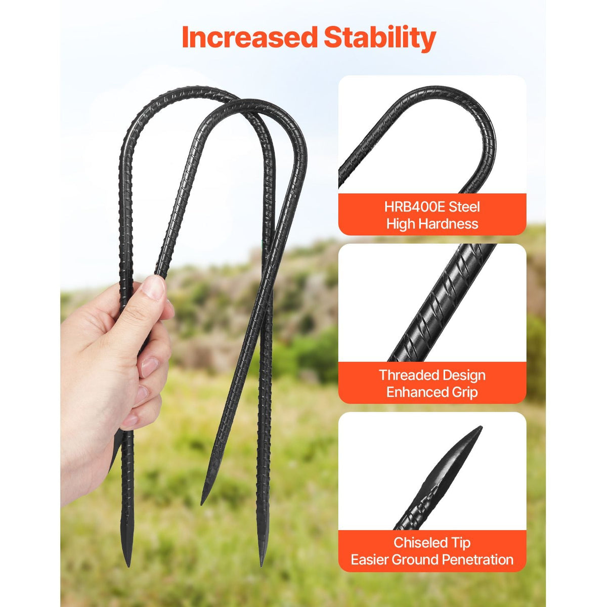 Rebar Stakes, 10-Inch, Heavy-Duty 0.32 in Diameter U Shape, Galvanized Steel Ground Anchors with Chisel Point End & Rust-Resistant Coating, for Gardening Support, Fence, Camping Tents (12-Pack)