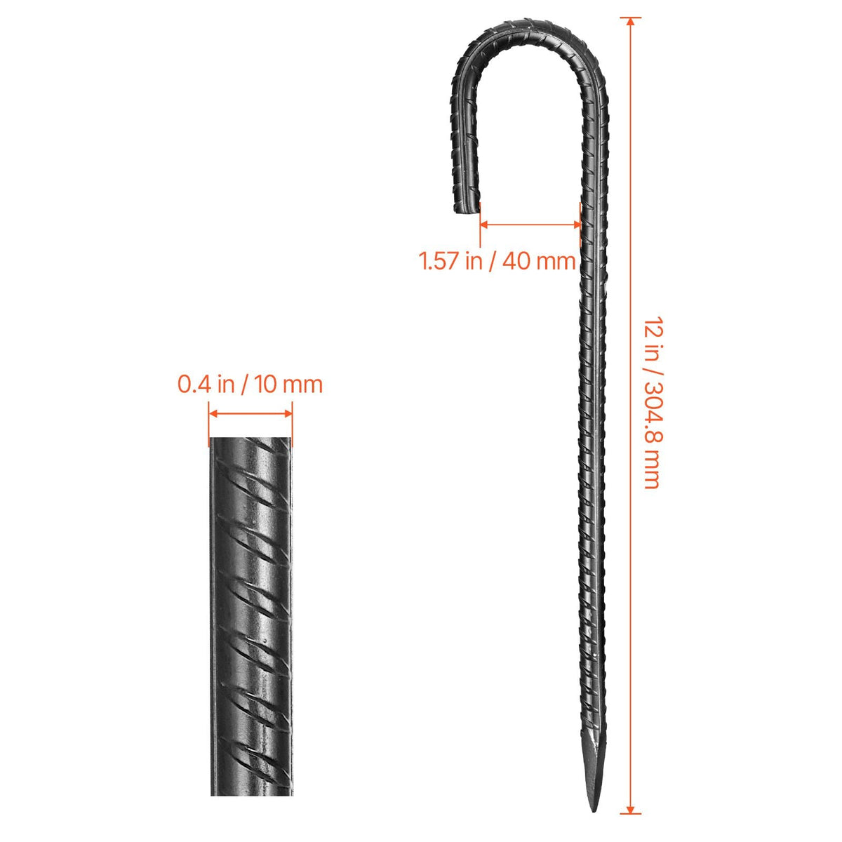Rebar Stakes, 12-Inch, Heavy-Duty 0.4 in Diameter J Hook, Galvanized Steel Ground Anchors with Chisel Point End & Rust-Resistant Coating, for Gardening Support, Fence, Camping Tents (16-Pack)