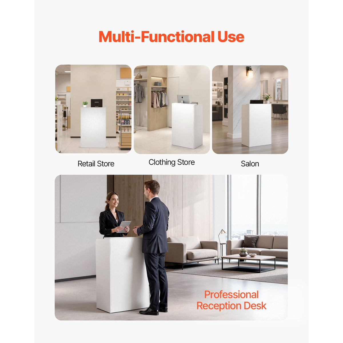 Reception Desk, 23.6 inch Rectangular Front Counter Table, Modern Office Reception Desk with Drawer, Small Minimalist Retail Counter Table for Checkout, Lobby, Beauty Salon and Office, White