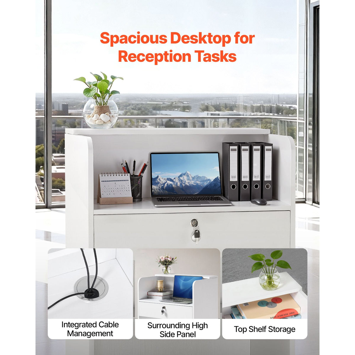 Reception Desk, 23.6 inch Rectangular Front Counter Table, Modern Office Reception Desk with Drawer, Small Minimalist Retail Counter Table for Checkout, Lobby, Beauty Salon and Office, White
