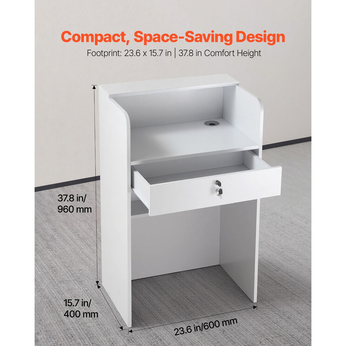 Reception Desk, 23.6 inch Rectangular Front Counter Table, Modern Office Reception Desk with Drawer, Small Minimalist Retail Counter Table for Checkout, Lobby, Beauty Salon and Office, White