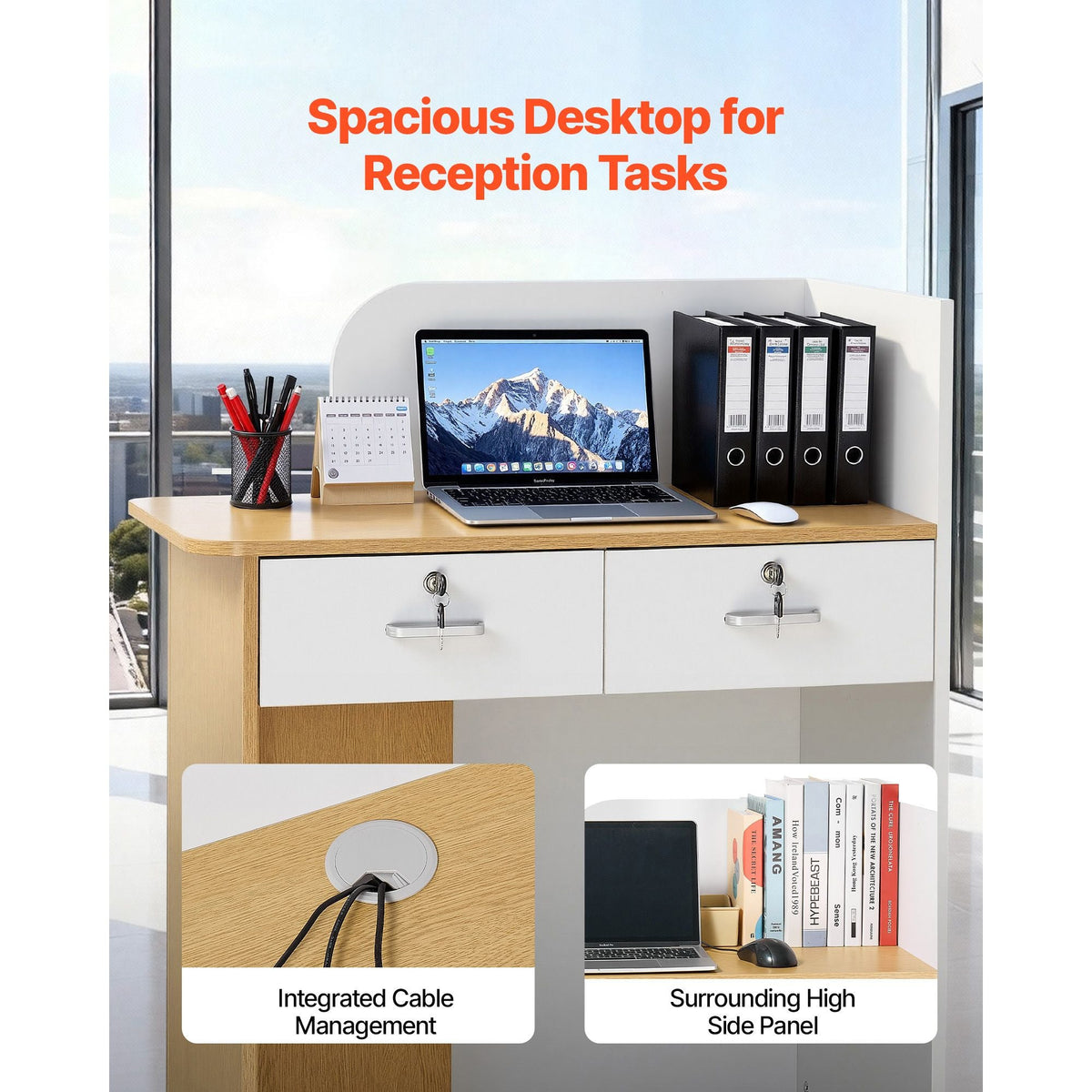 Reception Desk, 31.5 inch Rectangular Front Counter Table, Modern Office Reception Desk with LED Light, 2 Drawers & Power Outlets, Retail Counter Table for Checkout, Lobby, Beauty Salon, Office