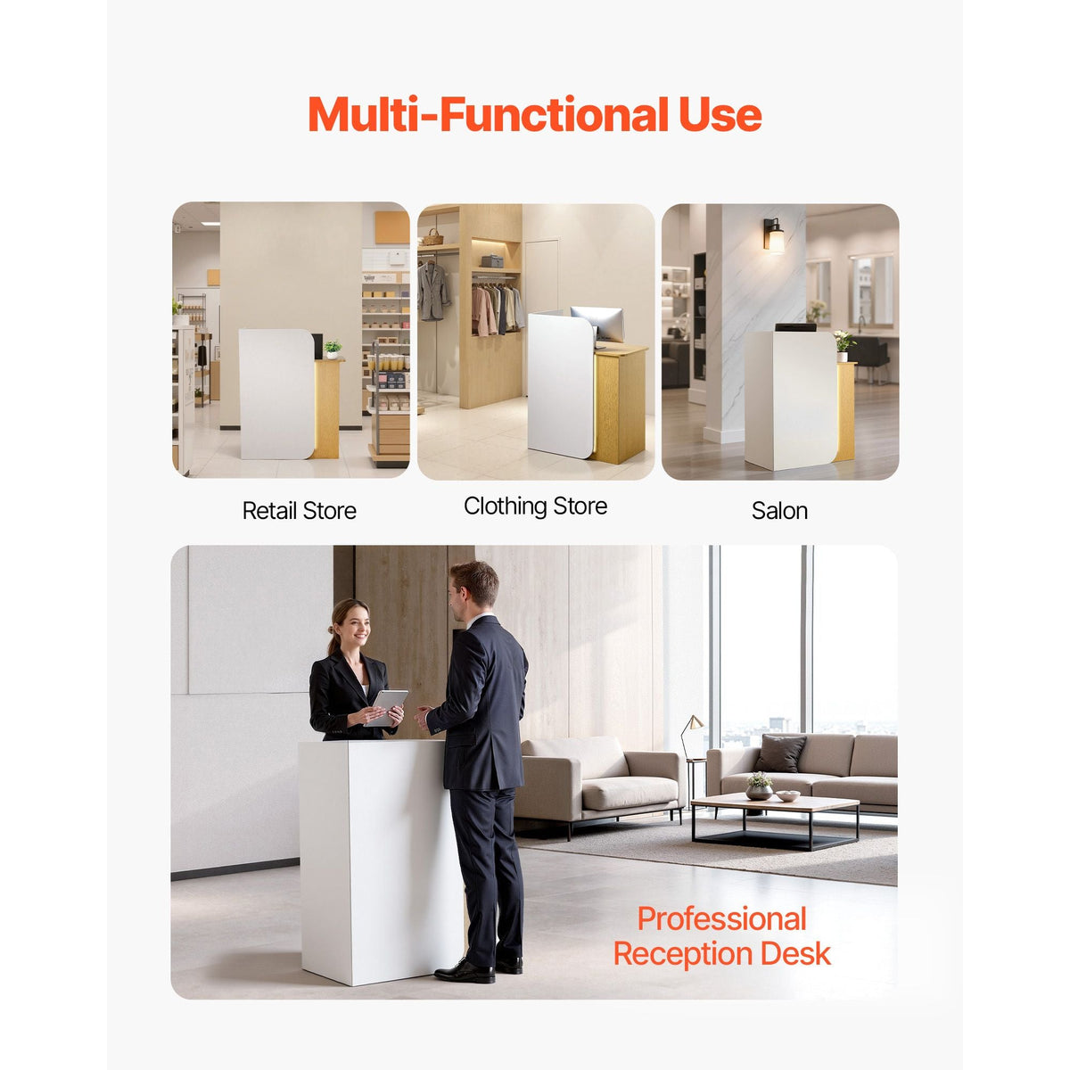 Reception Desk, 31.5 inch Rectangular Front Counter Table, Modern Office Reception Desk with LED Light, 2 Drawers & Power Outlets, Retail Counter Table for Checkout, Lobby, Beauty Salon, Office