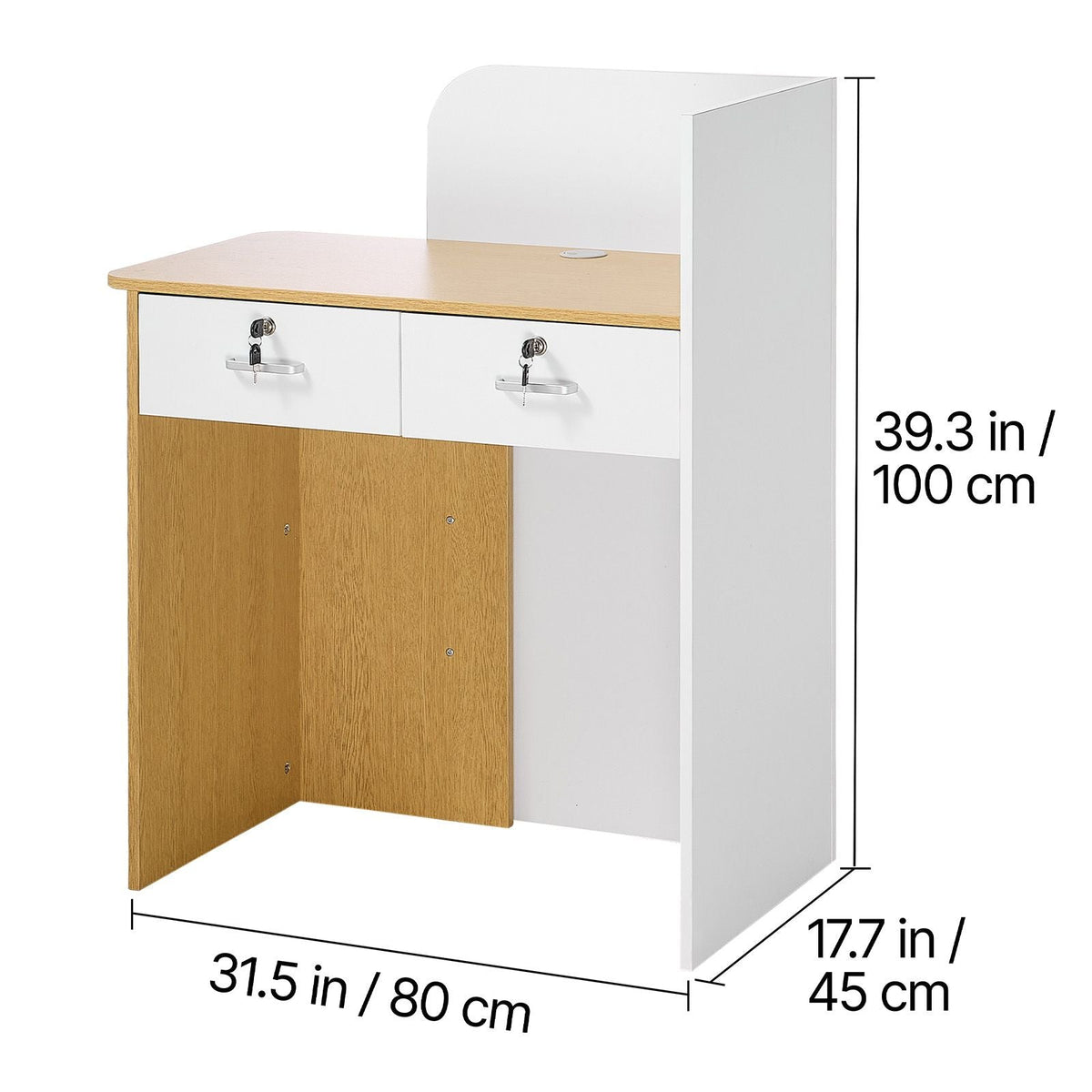 Reception Desk, 31.5 inch Rectangular Front Counter Table, Modern Office Reception Desk with LED Light, 2 Drawers & Power Outlets, Retail Counter Table for Checkout, Lobby, Beauty Salon, Office