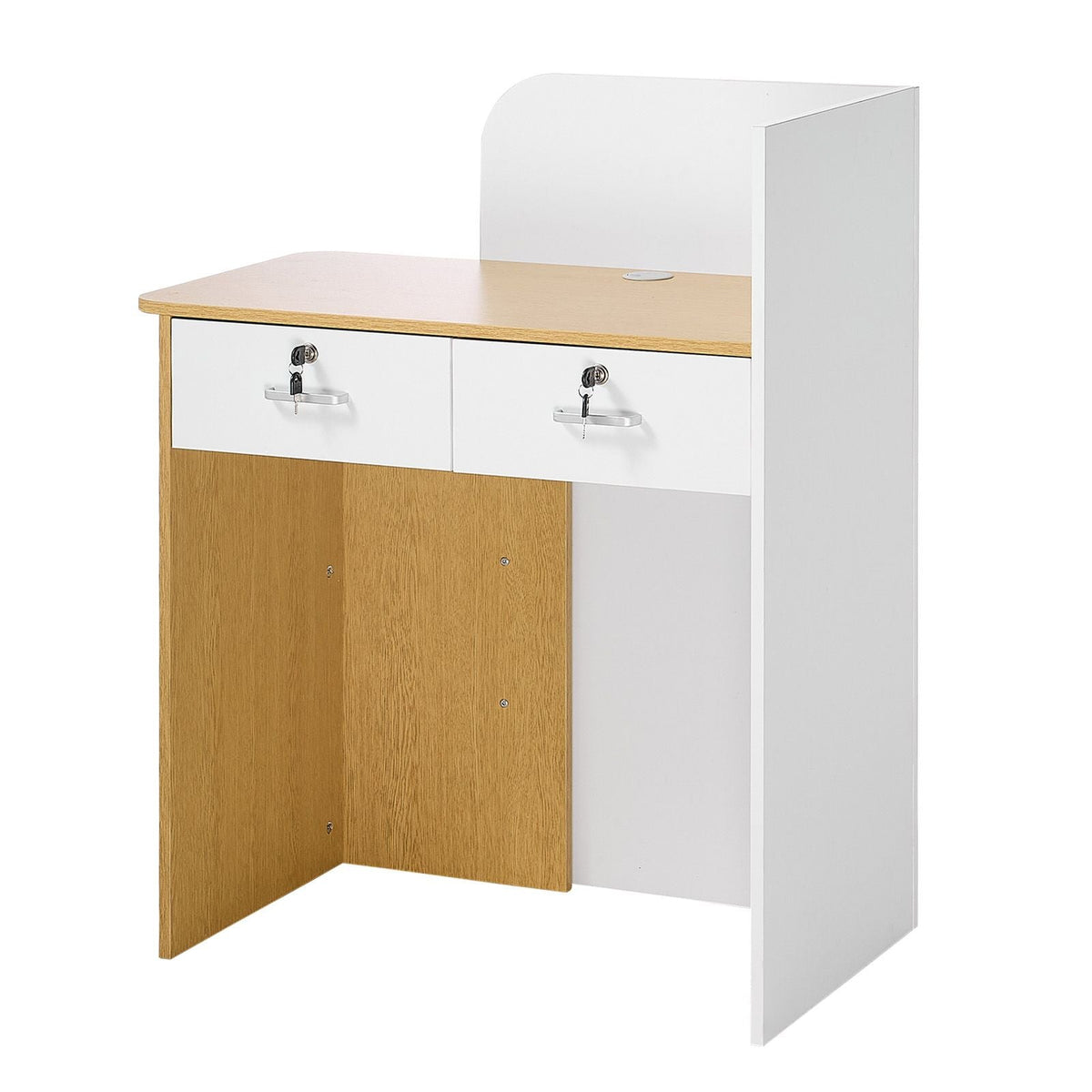 Reception Desk, 31.5 inch Rectangular Front Counter Table, Modern Office Reception Desk with LED Light, 2 Drawers & Power Outlets, Retail Counter Table for Checkout, Lobby, Beauty Salon, Office