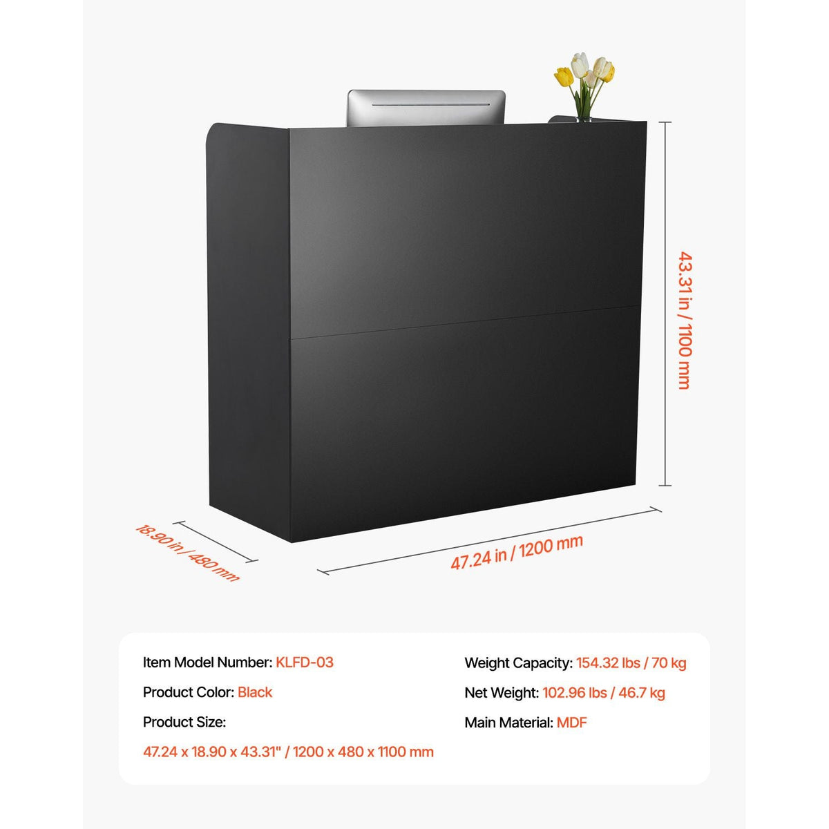 Reception Desk, 47 Inch Rectangular Front Counter Table, Office Reception Counter with Lockable Drawer and Storage Cabinet, for Checkout, Lobby, Beauty Salon and Office, Black