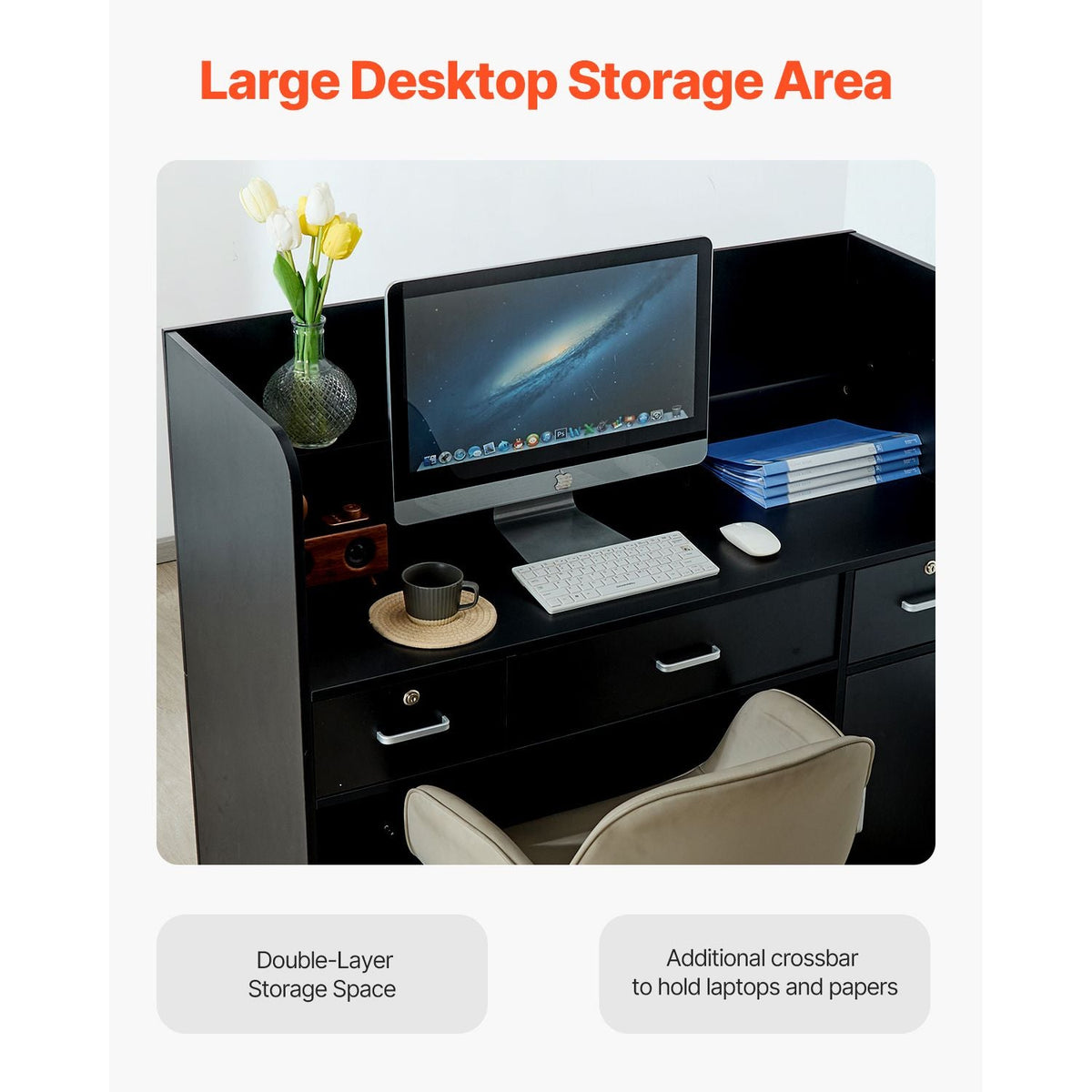 Reception Desk, 47 Inch Rectangular Front Counter Table, Office Reception Counter with Lockable Drawer and Storage Cabinet, for Checkout, Lobby, Beauty Salon and Office, Black