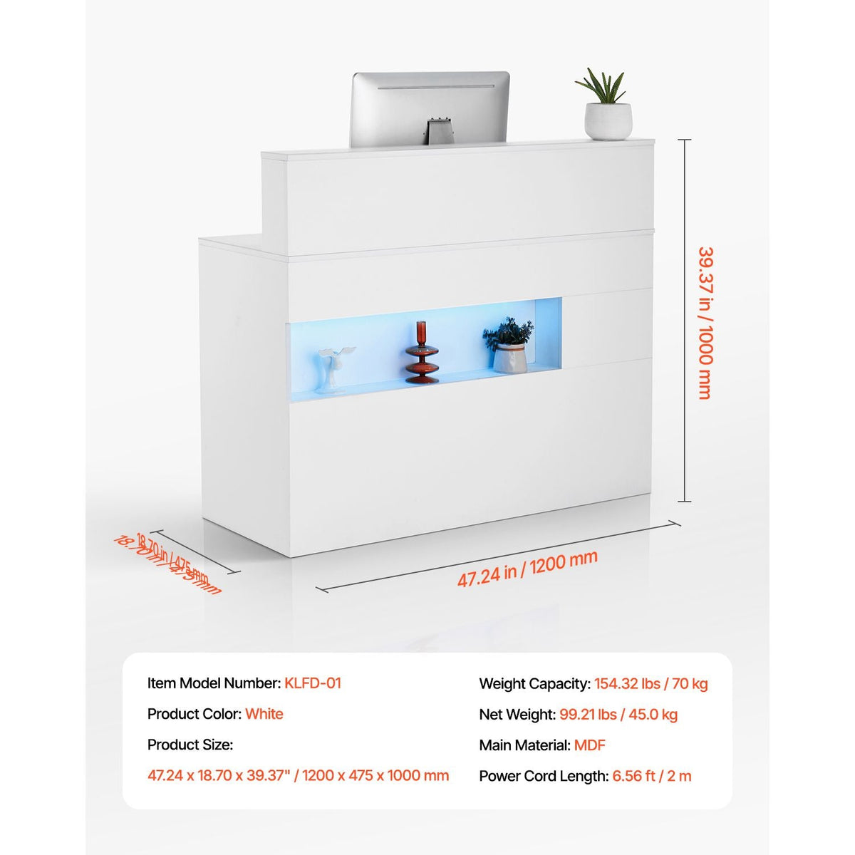 Reception Desk, 47 Inch Rectangular Front Counter Table, Office Reception Desk with LED Light, 2 Drawers and Power Outlets, for Checkout, Lobby, Beauty Salon and Office, White