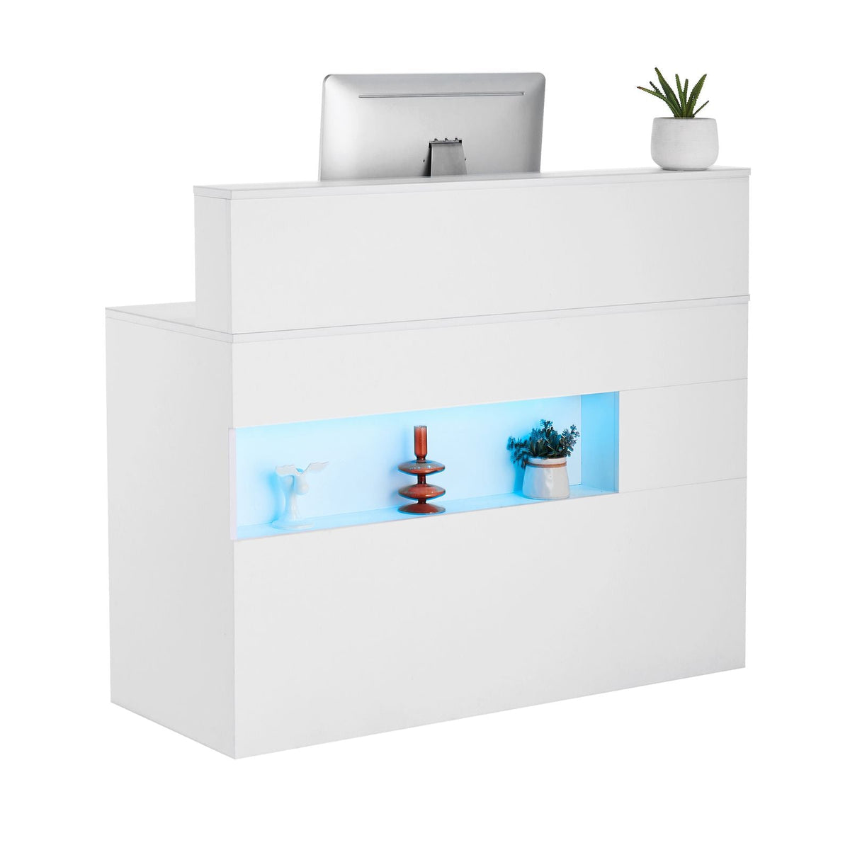Reception Desk, 47 Inch Rectangular Front Counter Table, Office Reception Desk with LED Light, 2 Drawers and Power Outlets, for Checkout, Lobby, Beauty Salon and Office, White