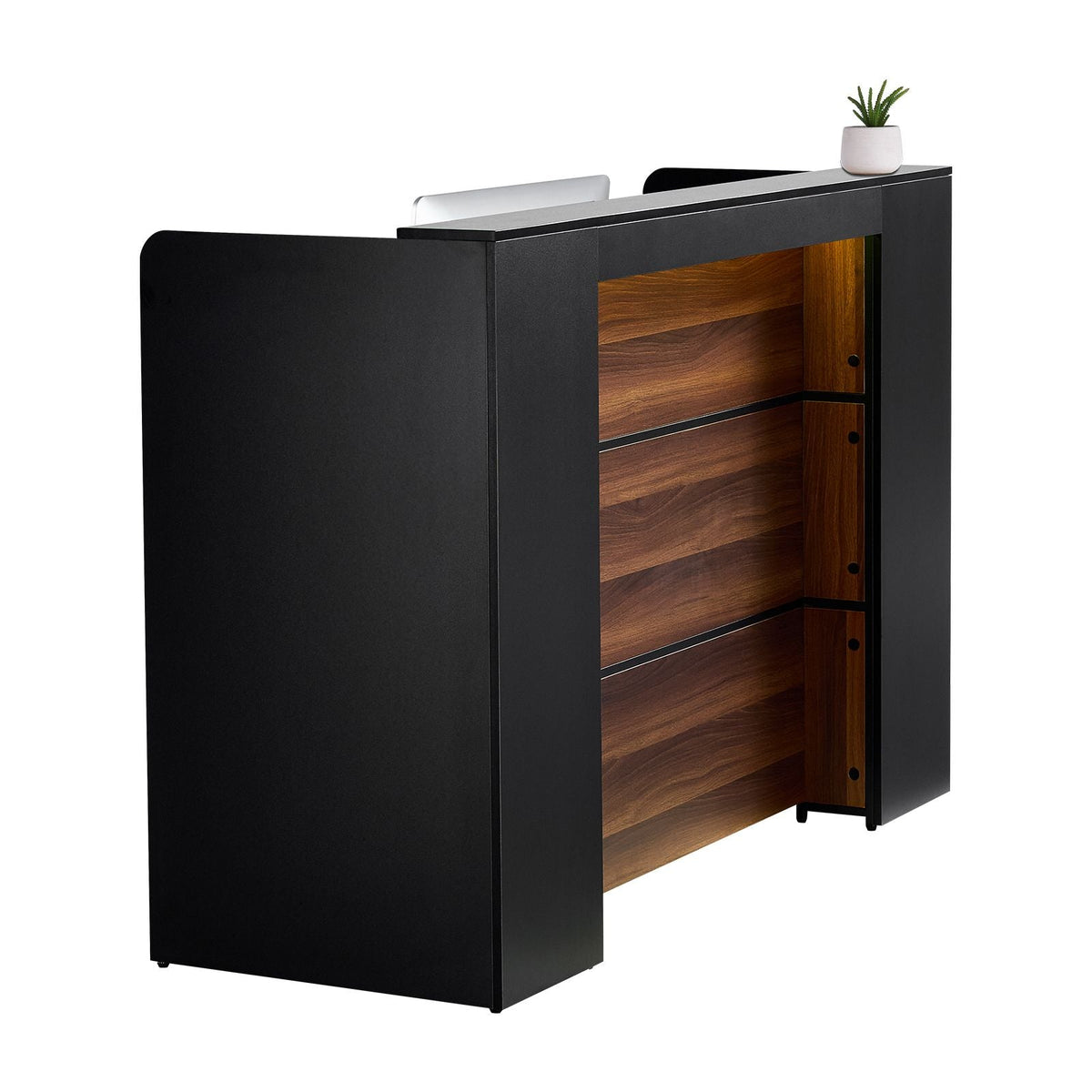 Reception Desk, 62 Inch Rectangular Front Counter Table, Office Reception Desk Front Retail Counter with LED Light, for Checkout, Lobby, Beauty Salon and Office, Black & Brown