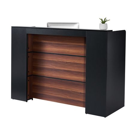 Reception Desk, 62 Inch Rectangular Front Counter Table, Office Reception Desk Front Retail Counter with LED Light, for Checkout, Lobby, Beauty Salon and Office, Black & Brown